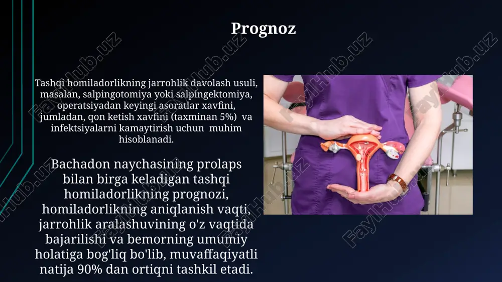 етади. ektopik homiladorlik va bachadon naychasi prolapsining sabablari bachadon naychasining prolapsisi, ya'ni uning tushishi, tug'ruqdan keyingi yallig'lanish jarayonlari (masalan, 30% hollarda salpingit), oldingi jarrohlik amaliyotlari yoki tug'ma nuqsonlar tufayli yuz berishi mumkin. ektopik homiladorlikning 10% gacha bo‘lgan hollari bachadon naychasining prolapsisi bilan bog‘liq bo‘lib, bachadon naychasining anatomik o‘zgarishlari va fallopiyev naychasi peristaltikasining buzilishi natijasida kelib chiqadi. asoratlar asoratlarning 30% gacha holatlarda tuxumdonlarning yallig'lanishi (oophorit) yoki bachadon naychalarining yallig'lanishi (salpingit) kabi qo'shimcha infeksiyalarni keltirib chiqarishi mumkin. jarrohlik aralashuvidan keyin, taxminan 10-15% hollarda, asoratlar natijasida qon ketishi va keyinchalik anemiya kuzatilishi mumkin. klinik ko'rinishlar va semptomlari taxminan 30% hollarda, bemorlarda bachadon naychasining prolapsasi bilan bog'liq palpasiya orqali aniqlanadigan palpasyon natijalari aniqlanadi, bu esa o'tkir yallig'lanish jarayonini ko'rsatadi va yuqori harorat (38-39°c) bilan birga keladi. bemorlarning 70% da vaginal qon ketish kuzatiladi, bu qon ketishning miqdori kamdan ko'pga farq qiladi va homiladorlikning 6-8 haftasida sodir bo'ladi. ayrim hollarda, og'riqlar va qon ketish bilan …