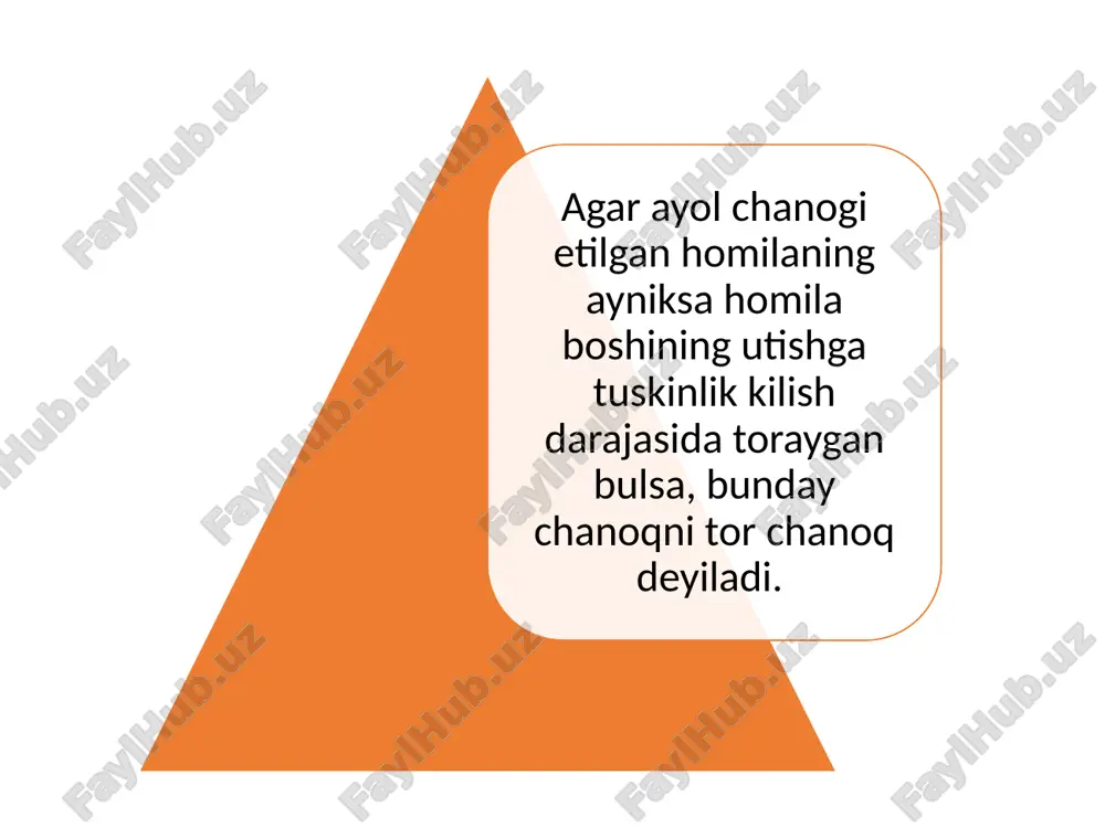 tugruk davri uzayadi va homila shikastlanishi havfi oshadi iii-iv darajadagi absolyut klinik tor chanokda tugruk fakat kesakr –kesish operaciyasi orkali olib boriladi tor chanoqda partogrammani yozish partogramma tug’ruq jarayoni va erta tug’ruqdan keyingi davrni shematik yozilishi - 10 blokdan iborat. ularda quyidagi ma'lumotlar kuzatiladi: 1 blokda – bemor familiyasi, ismi sharifi, diagnoz, kelgan sanasi va vaqti 2 blokda - homila yurak urishi va ayol pulьsi ko'rsatkichlari 3 blokda: 1) homila pufagi ?olati a) butun – i (intact) b) yorilgan, toza suvlar – c (clear) v) yorilgan, suvlar mekoniyli – m (micony) g) yorilgan, suvlar qonli – b (blood) 2) boshcha konfiguraciyasi: a) o‘q yoysimon chok yahshi aniqlanadi – 0 b) o‘q yoysimon chok yomon aniqlanadi - + v) tepa suyaklarining bir-biriga kirishi - ++ g) tepa suyaklari bir-biriga botib kirishi - +++ 4 blokda – tug'ruq boshlangan vaqti, bachadon bo'yni holati, boshchaning kichik chanoq tekisliklariga nisbatan joylashishi; bachadon bo'yni 3 …