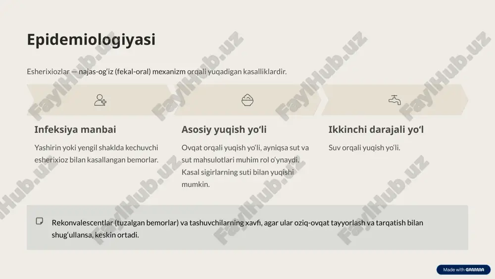 emorning qonidagi antitanachalar titrining 4 martadan ko‘proq oshishi kuzatilsa. differensial diagnostika klinik jihatdan esherixiozni boshqa ichak kasalliklaridan farqlash qiyin. differensial diagnostika quyidagi kasalliklar bilan o‘tkazish zarur: shigellyoz (dizenteriya), sаlmonellyozning lokal shakllari, boshqa diareyali ichak infeksiyalari. enterotoksigen e. coli (etkp) bilan chaqirilgan esherixioz holatlarida diagnostika xoleradan farqlanishi lozim. epidemiologik ma’lumotlar va bakteriologik tekshiruv natijalari hal qiluvchi ahamiyatga ega bo‘ladi. 7 davolash: umumiy yondashuv va antibakterial terapiya esherixioz bilan kasallangan bemorlarni davolash statsionar sharoitda amalga oshiriladi. yotish rejimi va parhez 1 rejim og‘ir va o‘rtacha og‘ir shakllarda dastlabki 2–3 kun davomida yotish rejimi (postelьniy rejim) zarur. 2 parhez (boshlanishda) kuchli ich buzilishi bo‘lsa, 4-raqamli parhez stoli belgilanadi. 3 parhez (tuzalishda) ishtaha paydo bo‘lishi bilan 2-raqamli, kasalxonadan chiqishdan oldin esa 15-raqamli stol tavsiya etiladi. antibakterial vositalar yengil va yashirin shakllar odatda antibiotik yoki kimyoterapevtik vositalarni talab qilmaydi. keng ta’sir doirasiga ega antibiotiklar faqat individual ko‘rsatmalar bo‘yicha buyuriladi. o‘rtacha og‘ir shakllar ko-trimoksazol (2 tab. …