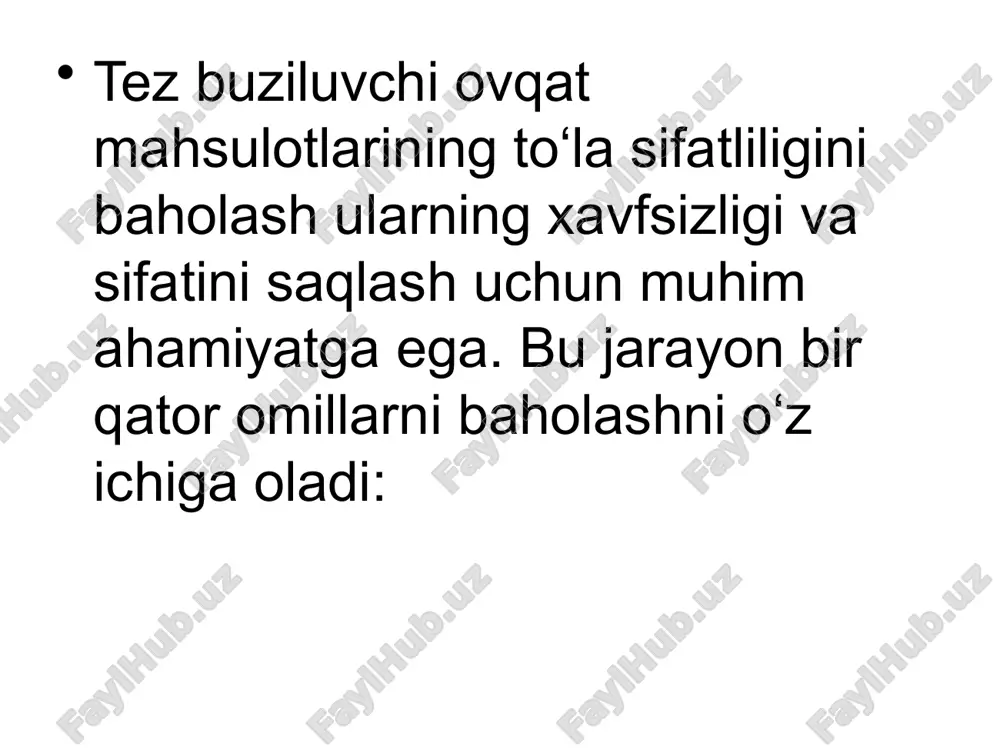 t yomonlashayotganini bildiradi. • ph darajasi: tez buziluvchi mahsulotlarda ph darajasi buzilish jarayonini kuzatish uchun muhim. • oksidlanish darajasi: yog‘lar buzilganda achimsiq hid paydo bo‘ladi 3. mikrobiologik tahlil: bu usul mahsulotda mavjud bo‘lgan zararli mikroorganizmlar sonini aniqlashga yordam beradi. masalan, salmonella yoki e. coli bakteriyalari mavjudligi aniqlansa, mahsulot iste’mol uchun yaroqsiz hisoblanadi. saqlash sharoitlarini kuzatish: • harorat rejimi: muzlatkichda yoki muzlatgichda saqlash talab qilinadi. • namlik darajasi: masalan, meva va sabzavotlar quruq va ventilyatsiya qilingan joyda saqlanishi kerak. buzilish belgilari 1. rang o‘zgarishi: masalan, go‘shtning oqarib yoki to‘q jigarrangga aylanishi. 2. nordon yoki chirigan hid. 3. tuzilmaning yumshashi yoki deformatsiya. 4. qadoqning shishishi yoki shikastlanishi. mahsulotlarni saqlash uchun tavsiyalar 1. haroratga qat’iy rioya qilish (go‘sht uchun -18 °c, sut mahsulotlari uchun 0-4 °c). 2. mahsulotlarni bir-biridan ajratilgan holda saqlash (masalan, xom go‘shtni tayyor ovqatdan uzoqda saqlash). 3. mahsulotning yaroqlilik muddatini kuzatish va muddati o‘tganini iste’mol qilmaslik. 4. tashish jarayonida sovutish …