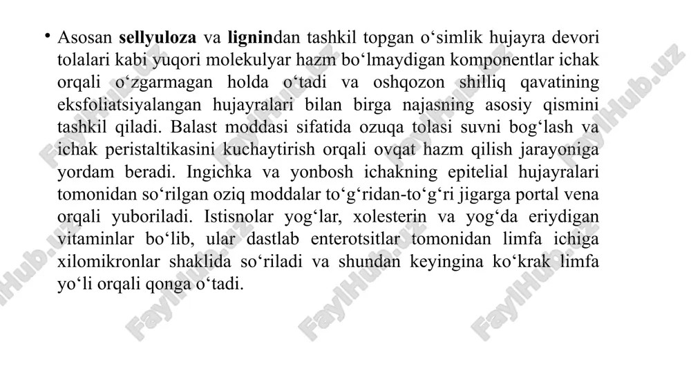 om nerv tizimi tomonidan rag‘batlantiriladi. d xujayralari tomonidan chiqariladigan peptid somatostatin va ba’zi prostaglandinlar ingibirlash ta’siriga ega. gastrin oshqozon-ichak traktining gormonlar guruhiga kiradi. gastrin va atsetilxolin ham bosh hujayralar tomonidan pepsinogenning shakllanishi va sekretsiyasini rag‘batlantiradi. qo‘shimcha hujayralar tomonidan mutsinlarning sekretsiyasi atsetilxolin, sekretin va prostaglandin e1 (pge1) tomonidan stimullanadi va glyukokortikoidlar tomonidan ingibirlanadi. xlorid kislota hosil bo‘lishi moddalarni so‘rilishi i enzimatik parchalanish mahsulotlarining so‘rilishi ingichka ichakda boshlanadi. oshqozonda faqat etil spirti va qisqa zanjirli yog‘ kislotalari qisman so‘riladi. so‘rilish ichakning ichki katta yuzasi yuzasi bilan amalga oshiriladi. lipofil molekulalar shilliq qavat hujayralarining plazma membranasiga oddiygina diffuziya orqali kirib boradi, qutbli molekulalar esa tashuvchilarni tashishni talab qiladi (yengillashtirilgan diffuziya). ko‘p hollarda bu jarayon na+ va h+ ionlarini birgalikda tashish bilan birga kechadi. bunday holda, na+ ionlari kontsentratsiyasidagi farq (oshqozon bo‘shlig‘ida yuqori va shilliq hujayralarida past) ozuqa moddalarining konsentratsiya gradientiga qarshi o‘tkazilishiga yordam beradi (ikkilamchi faol transport). xlorid kislotasi, musinlar va pepsinogen sekretsiyasini …