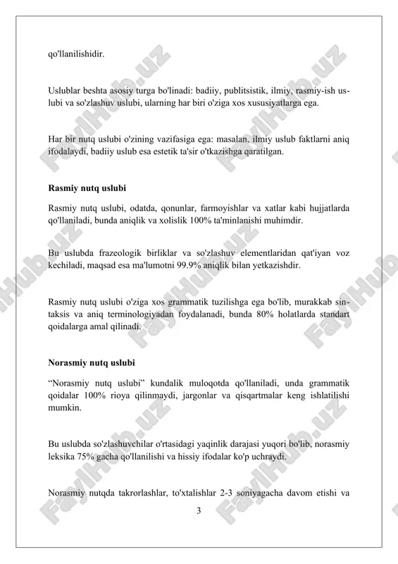 ir etuvchi omillar ijtimoiy mavqelar, masalan, rahbar yoki xodim, nutq uslubini shakllantiradi; yuqori mavqedagilar 15 foiz ko'proq rasmiy til ishlatishi mumkin. ta'lim darajasi ta'sir qiladi; oliy ma'lumotli shaxslar til boyligi va grammatik to'g'rilikka 20 foiz ko'proq e'tibor berishadi. muloqot vaziyati muhim; rasmiy uchrashuvda norasmiy suhbatga nisbatan 30 foiz ko'proq professional leksika qo'llaniladi. auditoriya va nutq uslubi auditoriya hajmi nutq uslubiga ta'sir etadi; masalan, 10 kishilik guruh uchun norasmiy nutq, 100 kishilik auditoriya uchun rasmiy nutq talab etiladi. auditoriyaning demografiyasi, jumladan, yoshi, jinsi va ma'lumoti nutq uslubini belgilaydi. masalan, 20 yoshdagilar uchun zamonaviy, 50 yoshdagilar uchun an'anaviy uslub maqbul. auditoriyaning qiziqishi nutq uslubini shakllantiradi; 30% qiziqish bildirgan auditoriya uchun qisqa nutq, 70% qiziqish bildirgan auditoriya uchun batafsil nutq kerak bo'ladi. vaziyat va nutq uslubi vaziyat va nutq uslubi, kommunikativ vazifaga moslashadi, masalan, norasmiy suhbat 1-shaxsda, rasmiy ma'ruza esa 3-shaxsda bayon etilishi mumkin. nutq uslubi vaziyatga bog'liq holda o'zgaradi: masalan, do'stlar davrasida …
