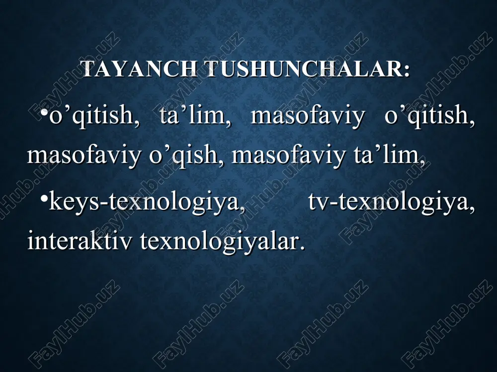 itish tizimi o’zining tarkibiy maqsadi, mazmuni, usullari, vositalari va tashkiliy shakllariga ega. masofaviy o’qitishning pedagogik texnologiyalari - tanlangan o’qitish kontseptsiyasiga asoslangan masofaviy ta’limning o’quv- tarbiyaviy jarayonini ta’minlovchi o’qitish metodi va uslublar majmuasi. keys-texnologiya - masofaviy o’qitishni tashkil qilishning shunday uslubiki, masofaviy ta’limda matnli, audiovizual va multimediali (keys) o’quv uslubiy materiallar majmuasi qo’llanishga asoslanadi. tv-texnologiya - masofaviy o’qitishni tashkil olishning shunday uslubiki, u talabalarga o’quv-metodik ma’lumotlarni televidenie vositasi yordamida etkazishga xizmat qiladi va tashqi aloqali ixtiyoriy interaktiv usullardan biri bilan o’rnatishga asoslanadi. masofaviy o’qitish tizimi – masofaviy o’qitish shartlari asosida tashkil etiladigan o’qitish tizimi. barcha ta’lim tizimlari singari masofaviy o’qitish tizimi o’zining tarkibiy maqsadi, mazmuni, usullari, vositalari va tashkiliy shakllariga ega. nima uchun masofaviy ta’lim kеrak bo’lib qoldi? 1. ta’lim olishda yangi imkoniyatlar (ta’lim olishning vaqt va joyga bog’liqmasligi va boshqalar). 2. ta’lim maskanlariga talaba qabul qilish sonining chеklanganligi. 3. ta’lim olishni хohlovchilar sonining oshishi. 4. sifatli aхborot tехnologiyalarining paydo bo’lishi …
