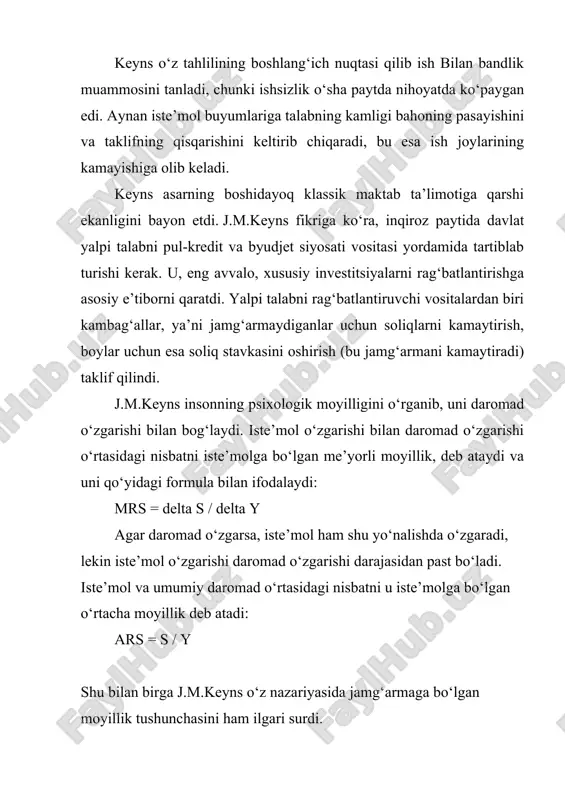 yalar jamg‘armalardan kam bo‘lsa, u holda yalpi talab taklifdan kam va milliy daromad kamaya boradi. agar investitsiyalar jamg‘armalarga teng bo‘lsa, yalpi talab taklifga teng va milliy daromad darajasi o‘zgarmay qoladi. multiplikator j.m.keyns investitsiyalarning ko‘payishi bilan milliy daromadning ko‘payishi o‘rtasidagi bog‘liqlikni tahlil qildi. investitsiyalarning ko‘payishi milliy daromadning o‘sishiga olib keladi va u qo‘yidagi formula ko‘rinishida ifodalanadi: d. y = d. i investitsiyalarning ko‘payishi va uning natijasida milliy daromad va aholining ish bilan bandligining o‘sishi maqsadga muvofiq iqtisodiy samara sifatida ko‘riladi. iqtisodiy samara multiplikator deb ataladi. multiplikator – bu son koeffitsiyenti bo‘lib, daromad o‘sishi bilan ushbu o‘sishni yuzaga keltirgan investitsiyalar o‘simi o‘rtasidagi nisbatni ifodalab beradi. multiplikator atamasini birinchi marta ingliz iqtisodchisi r.kan 1931 yili ishlatgan (ish bilan bandlik sohasidagi multiplikator). m = dy / d i, yoki m = 1/mrs multiplikator nazariyasiga ko‘ra, kishilarning jamg‘armaga bo‘lgan moyilligi qancha ko‘p bo‘lsa, multiplikatorning ahamiyati shuncha kam bo‘ladi. to‘la ish bilan bandlik sharoitida multiplikator amal …