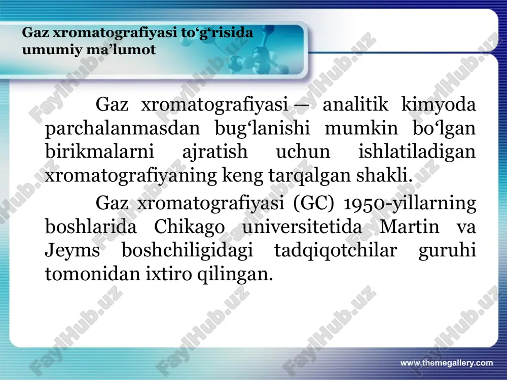 vchi aralashmalari, qo'shimchalar va ifloslantiruvchi moddalarni tahlil qilish uchun ishlatiladi. bu oziq-ovqat xavfsizligi va sifatini ta'minlashda hal qiluvchi rol o'ynaydi. neft-kimyo sanoati: gc xom neft va qayta ishlangan mahsulotlardagi uglevodorodlarni tahlil qilish uchun ishlatiladi, tarkibi va sifati haqida tushuncha beradi. www.themegallery.com image2.jpeg image3.png image4.png image1.jpeg