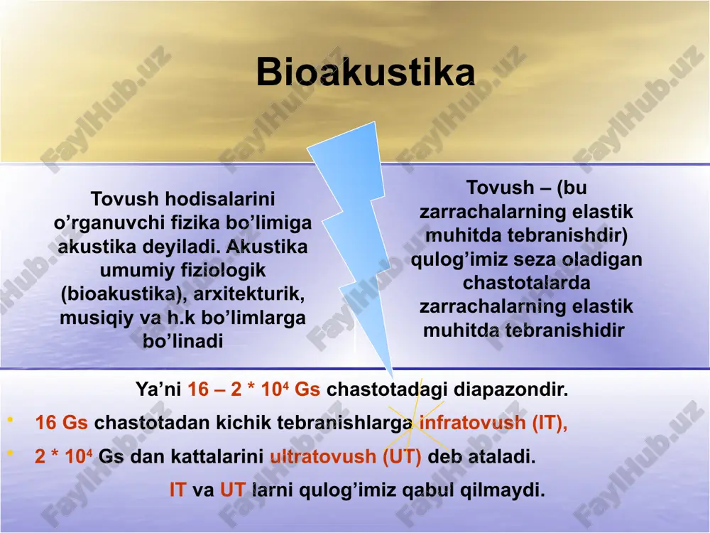 ffektiv qiymati, ∆p max – amplitudaviy qiymat, p – muhit zichligi, v – tovush tezligi, pv – muhitning solishtirma akustik qarshiligi deyiladi fonokardiografiya - yurakdagi tovushlarni yozish usuli perkussiya – tananing ayrim qismlarini tukullatish va uni aniiz qilsih organizmda mustaqil ravishda paydo bo’ladigan tovushlarni eshitish auskultatsiya deyiladi ishlatiladigan asboblar: ● stetoskop ● forendoskop logoped – duduqlanishni davolash bo’yicha mutaxasisilar larynx – tomoq bo’yicha (hiqildoq yoki halqum) foniatr – qo’shiqchilarni davolash bo’yicha surdolog – eshitish qobiliyati pasayganligi da’volash bo’yicha tovushni generatsiyalash va qabul qilishda odam organizmida bir qancha organ va sistemalar mavjud: og’iz bo’shlig’, tishlar, lablar, tomoq va hokazo. rino – burun bo’yicha otolaringolog – quloq bo’yicha eshitish cqobiliyatini tekshirish usuliga audiometriya deb ataladi tekshirishda oktavalar orasidagi chastotalarda eshitiluvchanlik bo’sag’asi egri chizig’ining nuqtalari aniqlanadi. eshitish qobiliyatining pasayganligi normal egri chiziqqa taqqoslash yo’li bilan aniqlanadi. hosil qilingan grafik audiogramma, asbob esa audiometr deyiladi. oktava – bu shunday ton balandligining intervalidirki, undagi chetki …