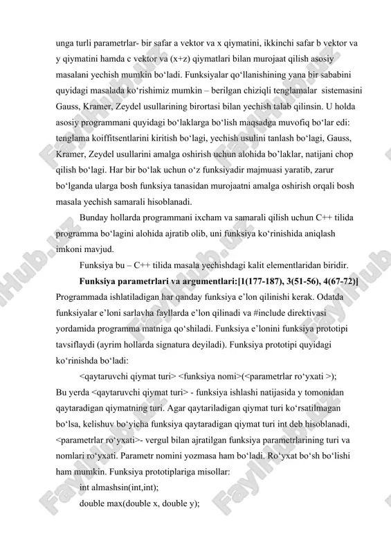 niqlanishi uni chaqiradigan funksiyalar matnidan oldin yozilgan bo‘lsa. lekin bu holat yaxshi uslub hisoblanmaydi, ayniqsa o‘zaro bir-biriga murojaat qiluvchi funksiyalarni e’lon qilishda muammolar yuzaga kelishi mumkin. funksiya aniqlanishi – funksiya sarlavhasi va figurali qavsga (‘{‘,’}’) olingan qandaydir amaliy mazmunga ega tanadan iborat bo‘ladi. agar funksiya qaytaruvchi turi void turidan farqli bo‘lsa, uning tanasida albatta mos turdagi parametrga ega return operatori bo‘lishi shart. funksiya tanasida bittadan ortiq return operatori bo‘lishi mumkin. ularning ixtiyoriy birortasini bajarish orqali funksiyadan chiqib ketiladi. agar funksiyaning qiymati programmada ishlatilmaydigan bo‘lsa, funksiyadan chiqish uchun parametrsiz return operatori ishlatilishi mumkin yoki umuman return ishlatilmaydi. oxirgi holda funksiyadan chiqish – oxirgi yopiluvchi qavsga yetib kelganda ro‘y beradi. funksiya programmaning birorta modulida yagona ravishda aniqlanishi kerak, uning e’loni esa funksiyani ishlatadigan modullarda necha marta yozilishi mumkin. funksiya aniqlanishida sarlavhadagi barcha parametrlar nomlari yozilishi shart. odatda programmada funksiya ma’lum bir ishni amalga oshirish uchun chaqiriladi. funksiyaga murojaat qilganda, u qo‘yilgan masalani …