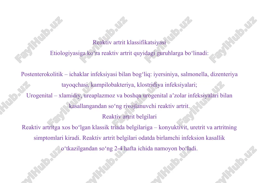 . reaktiv artrit spetsifik marker boʻlib hla 27 antigeni hisoblanadi. reaktiv artritni revmatoid artritdan differensatsiya qilish revmatolog tomonidan amalga oshiriladi. ushbu kasallik aniqlanishi bilan birgalikda bemor urolog va venerolog tekshiruvidan ham oʻtadi. pzr – tekshiruvida infeksion qoʻzgaʼtuvchi va reaktiv artritga sabab boʻladigan mikobni aniqlash mumkin. ammo, boʻgʻimdan olingan suyuqlikda infeksiya aniqlanmaydi, mana shu holat bakterial artritdan farqlashda yordam beradi. kasallik diagnostikasida rentgenografiya tekshiruvi katta ahamiyat kasb etmaydi. boʻgʻim punksiyasi yoki artroskopiya oʻtkazish talab etilmaydi. reaktiv artritni davolash reaktiv artrit davosida asosan birlamchi infeksiyani bartaraf etishga qaratiladi. kamida 4 haftagacaha davom etuvchi anitibiotik terapiya buyuriladi. xlamidiylar sababli kelib chiqadigan artrit davosida makrolidlar, tetratsiklin, ftorxinolonlar buyuriladi. boʻgʻimlarda yalligʻlanishga qarshi nosteroid yalligʻlanishga qarshi vositalalar qoʻllaniladi. reaktiv artritning ogʻir koʻrinishlarda gormonal terapiya qoʻllaniladi. kasallikning choʻzilgan shaklida bazis yalligʻlanishga qarshi preparatlardan foydalaniladi – sulfasalazin, metotreksat. boʻgʻimlarga asos (stvol) hujayralarni yuborish zararlangan boʻgʻim toʻqimalarini tiklanishida, metobolizmni ragʻbatlash va yalligʻlanishni toʻxtatishga yaxshi samara beradi. xasatalikni davolashda fizioterapiya …