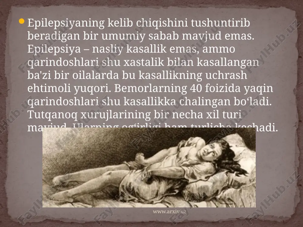 tgan vaqtda bemorning qo`l oyoqlarining lat yishidan asrash uchun ularni ushlab turish kerak, bo`lmasa suyaklar sinishi mumkin. ko`ylak yoqasini yechish, tilini tishlab olmaslig uchun sochiq chetini yumaloq qilib og`ziga tiqib qo`yish kerak. so`lak bir tomonga oqib turrishi uchun bemorni yon boshlab yotqizib qo`yish tavsiya etiladi. tutqanoq tutib bo`lgandan keyin bemorni uyg`otmaslik kerak parvarish qilish www.arxiv.uz image3.jpeg image4.jpeg image5.jpeg image6.jpeg image7.jpeg image8.jpeg