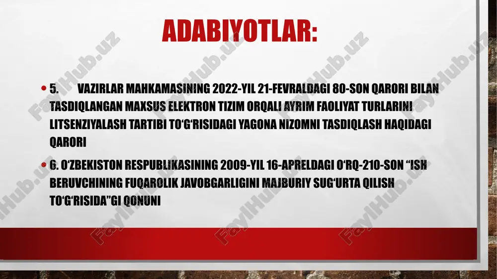 irasida toʻlash (sugʻurta tovoni) toʻlash majburiyatini oladi. «fuqarolik javobgarligini sug‘urtalash» - deganda zarar yektazuvchining g‘ayriqonuniy, aybli hatti-harakatlari natijasida yetkazilgan zararni qoplash, jabrlanuvchining buzilgan huquqlarini tiklash yuzasidan davlat majburlov choralarini qo‘llash oqibatida vujudga kelgan mulkiy javobgarlikni sug‘urtasi tushuniladi. fuqarolik javobgarligi mulkiy xususiyatga ega bo‘ladi. mulkiy sugʻurta shartnomasi boʻyicha quyidagilar sugʻurtalanishi mumkin: muayyan mol-mulkni yoʻqotilishi, nobud boʻlishi, kam chiqishi va shikastlanishi xavfi, fuqarolik javobgarligi xavfi- boshqa shaxslarning hayoti, sogʻligiga yoki mol-mulkiga zarar yetkazilishi oqibatida yuzaga keladigan majburiyatlari boʻyicha javobgarlik. tadbirkorlik xavfi tadbirkorning oʻz majburiyatlarini buzishi yoki tadbirkorga bogʻliq boʻlmagan vaziyatlarga koʻra tadbirkorlik faoliyatidan kutilgan daromadlarni ololmaslik xavfi. sug‘urta tamoyiliga ko‘ra, qimor, lotereyalar va garov o‘yinlarida ishtirok etishda ko‘riladigan zararni sug‘urtalashga yo‘l qo‘yilmaydi. chunki, sug‘urta nazariyasi va amaliyotida, muayyan shartlar ishlab chiqilgan bo‘lib, bu shartlarga ko‘ra, biron bir tarzdagi hodisa (voqea) sug‘urta qiluvchi zimmasiga oladigan mas’uliyat deb hisoblanishi mumkin. sugʻurtalashga yoʻl qoʻyilmaydigan manfaatlar: gʻayriqonuniy manfaatlarni qimor lotreyalar va garov oʻyinlarida ishtirok etishga koʻriladigan …