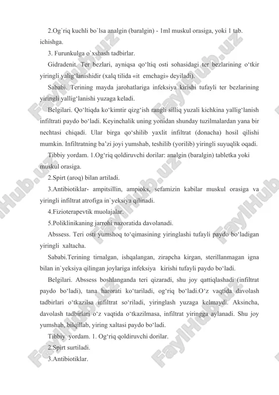 nmagan holda yiringli yallig‘lanishidir. sababi. abssesga o`xshash, ya`ni tirnalish, kesilish, tikan, igna, mix kirishi, sterillanmagan igna bilan in`eksiya qilinishi va boshqa jarohatlar tufayli infeksiya kirishi. belgilari. yallig`langan joyda og‘riqli infiltrat paydo bo‘ladi. infiltrat sohasidagi teri qizaradi. infiltrat avvaliga qattiq bo`lib, keyin yumshaydi. bemorning tana harorati ko‘tariladi. atrofdagi limfa tugunlari kattalashadi. o`z vaqtida yordam ko‘rsatilmasa, bemorning ahvoli og‘irlashadi. tibbiy yordam. 1.og‘riq qoldiruvchi dorilar. 2.tana haroratini tushurish choralar. 3.antibiotiklar. 4.poliklinikaning jarrohlik xonasida davolanadi. limfadenit - jag‘ osti, bo‘yin, qo‘ltiq osti, chov va boshqa sohalardagi limfa tugunlarining yiringli yallig‘lanishidir. sababi. tananing turli sohalaridagi yiringli yaralarni o‘z vaqtida davolamaslik tufayli limfa tomirlari orqali mikroblarning limfa tugunlariga kelishi va ularni yallig‘lantirishi. belgilari. yallig`langan limfa tugunlari kattalashadi, og‘riydi o‘z vaqtida davolanmasa limfa tuguni yiringlaydi, yumshaydi, teshilib, yiring oqadi, tana harorati ko‘tariladi. tibbiy yordam. 1.bemor poliklinikaning jarrohlik xonasida davolanadi. 2.antibiotiklar. 3.uvch, kvars qo‘llanadi. limfangoit. limfa tomirlarining yallig‘lanishidir. tananing turli sohalaridagi yiringli yaralar, limfa tugunlarining yiringli yallig‘lanishi tufayli …