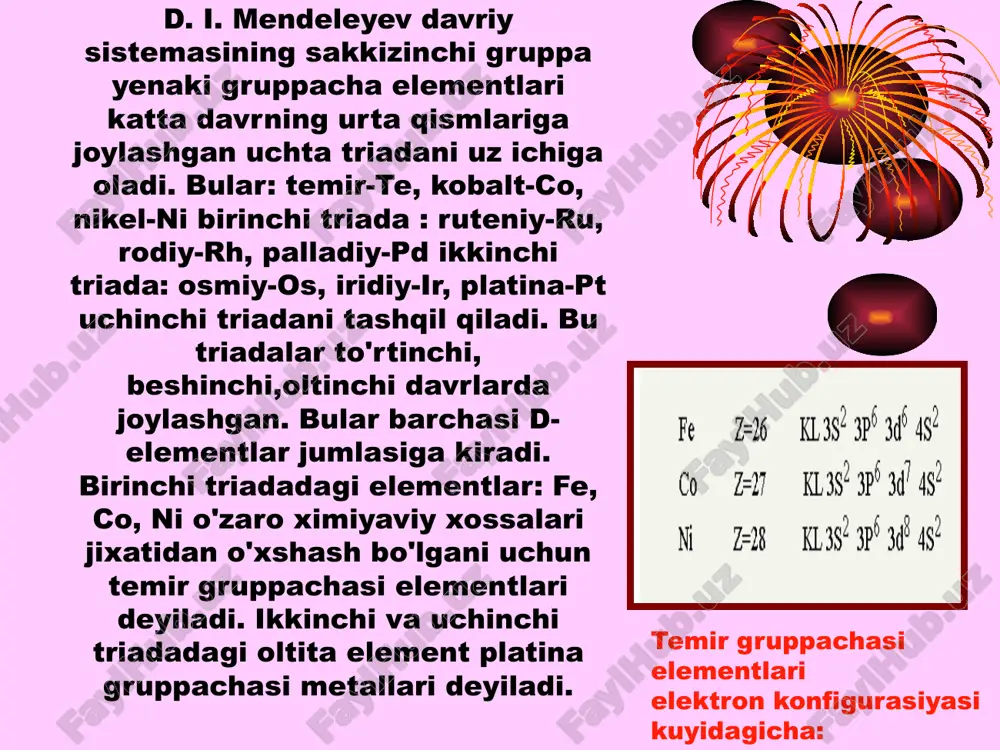 a 93% fe, 4-5 % s va oz miqdorda si, mn, p va s bo'ladi. 1) temir oksidni vodorod bilan kaytarish: fe2o3 + 3h2 = 3h2o + 2fe bunda xosil qilingan temir kukun xolida bo'lib, u pirofor xossa nomoyon qiladi, ya'ni xavoda uz-uzidan yonadi. 2) temir karbonilni termik parchalash: fe(co)5 ® fe + 5co 3) temir tuzlari (kupincha xloridlar) ning suvdagi eritmalarini elektroliz qilish: fe2+ + 2e ® fe 1, 2 - usullar bilan olingan kukun xolidagi temir presslanib, undan yaxlit metall tayyorlaniladi. temir texnikada asosan pulat, chuyan xolida olinadi. temir tarkibida 1,4% gacha uglerod bulsa chuyan, 0,2-1,7% gacha uglerodli kotishmasi pulat, 0,2% dan kam bulsa yumshoq temir deyiladi. toza temir- ok tusli yaltirok metall: uning moss shkalasidagi qattiqligi uncha yuqori emas (atigi 4.5 ga teng). temir uch shakl uzgarishga ega (a- β- g- va s- temir). a-temir 769os ga kadar ferromagnit xossaga ega. bu kimmatbaxo metallning korroziyadan saklashni kupgina …