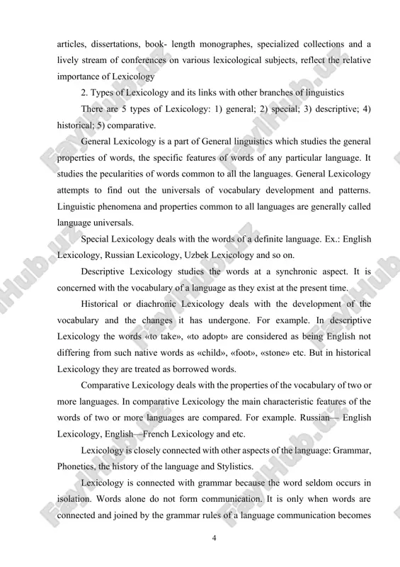 cteristic features of the words of two or more languages are compared. for example. russian— english lexicology, english—french lexicology and etc. lexicology is closely connected with other aspects of the language: grammar, phonetics, the history of the language and stylistics. lexicology is connected with grammar because the word seldom occurs in isolation. words alone do not form communication. it is only when words are connected and joined by the grammar rules of a language communication becomes possible. on the other hand grammatical form and function of the word affect its lexical meaning. for example. when the verb «go» in the continuous tenses is followed by «to» and an infinitive, it expresses a future action. for example. he is not going to read this book. participle ii of the verb «go» following the link verb «be» denotes the negative meaning. for example. the house is gone. so the lexical meanings of …