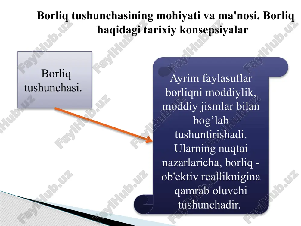 unosabatlarni ham qamrab oluvchi umumiy falsafiy tushunchadir. borliqning moddiy shakliga xos umumiylikni axtarishning uch yo’nalishi mavjud. birinchi yo'nalishi moddiy olamning asosida yotuvchi umumiy mohiyatni axtarish yo'li bo'lib, yuqorida qayd etganimizdek, substansiyani aniqlash yo'lidir. ikkinchi yo'l esa — moddiy olamning asosiy tarkibiga kiruvchi «qurilish elementlarini»- substratni axtarish yo'li. uchinchi yo'l — hamma narsaning vujudga keltiruvchi bosh sababchisini, ota moddani, ya'ni pramateriyani axtarish yo'li. materiya tushunchasi, uning xususiyatlari va namoyon bo'lish shakllari haqida zamonaviy qarashlar materiya tushunchasi moddiy unsurga nisbatan ham, atomga nisbatan ham, pramateriyaga nisbatan ham umumiyroq bo'lgan tushunchadir. materiya olamdagi barcha moddiy ob'ektlarni, butun ob'ektiv reallikni ifoda etuvchi eng umumiy tushunchadir. faylasuflar barcha moddiy ob'ektlarga xos xususiyatlarni umumiy tarzda ifodalash uchun qo'llaydigan tushuncha materiya deb ataladi. xx asrning o'rtalariga kelib, kvant mexanikasi, nisbiylik nazariyasi va hozirgi zamon kosmologiyasi sohalaridagi ilmiy yutuqlar kishilarning ob'ektiv olam haqidagi tasavvurlarini tubdan o'zgartirib yubordi. natijada, tabiatshunos olimlar sezgilarimizga bevosita ta'sir etishining imkoni bo'lmaydigan realliklar haqida …