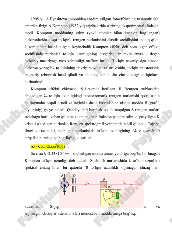 ik tarqalishi impulslar diagrammasi energiya va impulsning saqlanish qonunini ifodalovchi ikkita munosabatdan, murakkab bo‘lmagan almashtirishlar bajarib va re kattalikni yo‘qotib quyidagicha yozish mumkin: . (19.2) chastotalardan to‘lqinlar uzunligiga o‘tish ((0 =s/(0 , ( =s/() eksperimentdan olingan kompton formulasiga to‘g‘ri keladigan ifodaga olib keladi: . (19.3) shunday qilib, kvant tasavvurlari asosida bajarilgan nazariy hisoblar, kompton effektini mukammal tushuntirish va kompton to‘lqin uzunligini fundamental konstantalar (o‘zgarmas son, doimiy miqdor) h, s va m orqali ifodalash imkonini beradi: tajriba ko‘rsatganidek, siljigan to‘lqin uzunligi bilan ( bir qatorda siljimagan dastlabki to‘lqin uzunligi (0 sochilgan nurlanishda kuzatiladi. bu fotonlarning atomlar bilan kuchli bog‘langan elektronlar o‘rtasidagi o‘zaro ta’siri bilan tushuntiriladi. bunda fotonlar atomlar bilan energiya va impuls bo‘yicha o‘zaro to‘liq almashishadi. atomning katta massasi tufayli elektron massasi bilan tenglashtirganda atomga faqat fotonning energiyasining arzimas qismi o‘tadi, chunki sochilgan nurlanish to‘lqin uzunligidan tushadigan nurlanish to‘lqin uzunligi (0 deyarli farq qilmaydi. rasm. kompton effekti modeli 5. mikrozarralarning to‘lqin …