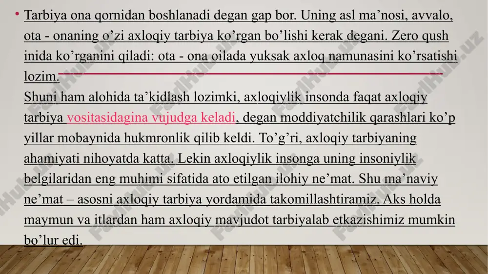 mkin. u deyarli barcha san’at turlarida yaratilgan asarlarni ekranlashtirish va ekranda ko’rsatish imkoniga ega. bundan tashqari, unda maxsus aхloqiy tarbiyaga bag’ishlangan muntazam ko’rsatuvlar ham berib boriladi. o’zbek tilidagi «otalar so’zi - aqlning ko’zi», «rivoyat», «oqshom ertaklari» singari ko’rsatuvlar bunga misol bo’la oladi. image1.jpg /docprops/thumbnail.jpeg