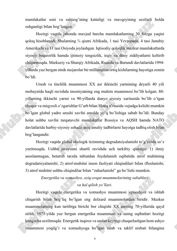 ularni qazib chiqarish sharoitlari, dastavval kongeologik sharoitlarning murakkablashuvi hamda xomashyo qazib olinayotgan va u birlamchi qayta ishlanayotgan hududlarda ekologik vaziyatning yomonlashuvi bilan ham bog’langandir. global oziq-ovqat muammosi insoniyatning eng qadimgi muammolaridan biri hisoblanadi. ocharchilik qadimgi davrlarda ham, o’rta asrlarda ham, hozirgi vaqtda ham insonlarning boshiga tushgan eng katta kulfatlardan biri bo’lgan. ocharchilik 2 shaklda namoyon bo’ladi. birinchi shakilda ocharchilik surunkali davom etadi, uning natijasida odamlarning sog’lig’i yomonlashadi, tinkasi qurioydi va harhil kasalliklarga chalinishi ehtimoli kuychayadi. ocharchilikning bu shakli “to’yib ovqat yemaslik” deb ham ataladi. ikkinchi shaklida balum bir vaqtda, malum bir hududda qurg’oqchilik yoki boshqa sabablar bilan bog’liq bo’lgan ocharchilik oqibatida millionlab, o’n millionlab insonlar halok bo’ladi. fao (xalqaro oziq-ovqat bilan ta’minlash tashkiloti), voz (xalqaro sog’liqni saqlash) va boshqa tashkilotlarning ma’lumotiga ko’ra insonning bir kunlik oziq-ovqat normasi 2400-2500 kkal dan past bo’lmasligi lozim. ba/zi mualliflar ushbu ko’rsatkich 2700-2800 kkal ga teng bo’lishi lozim deb hisoblamoqdalar. shu bilan birga, maskur ko’rsatkich …
