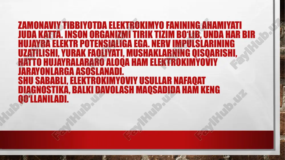 ka va davolashda quyidagi kimyoviy tushunchalar muhim rol o‘ynaydi: • ionlarning elektrod harakati (katod va anodga qarab harakatlanishi); • elektrolit eritmalar va ularning o‘tkazuvchanligi; • faraday qonunlari (tok kuchi va elektroliz miqdori o‘rtasidagi bog‘lanish); • ph va ion muvozanati; • redoks reaksiyalar (oksidlanish-qaytarilish jarayonlari). bu qonuniyatlar organizmda elektr oqimini nazorat qilish, dori ionlarini to‘g‘ri yo‘naltirish va diagnostika ma’lumotlarini to‘g‘ri talqin qilish imkonini beradi. 6. elektrokimyoviy usullarning tibbiyotdagi qo‘llanilishi • kardiologiya — ekg, kardiostimulyatorlar, yurak elektrotomografiyasi. • nevrologiya — eeg, emg, elektroterapiya. • dermatologiya va kosmetologiya — mikroto‘k terapiyasi, iontoforez. • fizioterapiya — galvanizatsiya, elektroforez, elektr refleksoterapiya. • reabilitatsiya tibbiyoti — mushaklarning elektr stimulyatsiyasi. xulosa elektrokimyoviy davolash va diagnostika usullari tibbiyotda organizmning elektr va kimyoviy muvozanatini o‘rganish, tashxislash hamda tiklash imkonini beradi. bu usullar yordamida yurak, miya, mushak va nerv tizimlarining faoliyati chuqur o‘rganiladi, ko‘plab kasalliklar erta bosqichda aniqlanadi. davolash jarayonida esa elektrokimyoviy texnologiyalar dorilarning ta’sirini oshiradi, organizmni tabiiy yo‘l bilan …