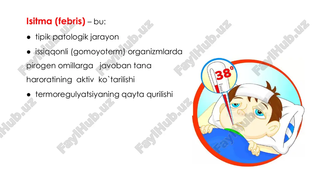 ta bosqichi farqlanadi: i. haroratning ko`tarilishi (status incrementi) ii. yuqori harorat saqlanish (status fastigi) iii. haroratning pasayishi (status decrementi) bosqichlari i. status incrementi vaqt h aro rat prostoglandin samf issiqlik ajratuvchi markaz issiqlik hosil qiluvchi markaz simpatoadreanal sistema qisqaruvchi termogenez teri va qo`l-oyoqdagi qon- tomirlar vazokonstriksiyasi tuklarni ko`taruvchi muskul → piloereksiya (“g`oz terisi”) ● po`stloqosti harakatlantiruvchi markaz → skelet muskuli → tonus →qaltirash qisqarishga bog`liq bo`lmagan ● termogenez ● metabolizm ● eng ahamiyatlisi : katexolamin → qo`ng`ir yog` to`qimasi → yog`larning oksidlanishi + “o’rnatuvchi nuqta” hujayrasida ● terida vazokonstriksiya → terida harorat pasayishi → sovuqni sezuvchi retseptorlar → bosh miya po`stlog`i → sovuq qotish ii. status fastigi ✓ issiqlik hosil bo`lishi = issiqlik ajratish vaqt h aro rat iii. status decrementi h aro rat vaqt il-1 ning o`rnatuvchi nuqta neyronga ta`siri to`xtasa pge₁ , pge₂ termostat neyrondan keladigan signalga sezuvchanligi tiklanadi tanada harorat yuqori ekanligi seziladi issiqlik hosil qiluvchi markaz …