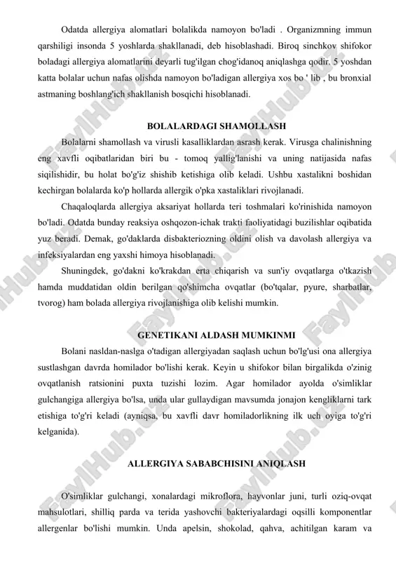 bo'lishi mumkin. unda apelsin, shokolad, qahva, achitilgan karam va marinadlangan bodringlarga nisbatan allergik ta'sirning (qichish, qizarish, toshma) paydo bo'lishini qanday qilib tushuntirish mumkin? axir ularning tarkibida hech qanday oqsil moddalar yo'q-ku? ma'lum bo'lishicha, shu va boshqa oziq-ovqat mahsulotlari muayyan sharoitlarda allergen rolini ham o'ynar ekan. salbiy reaksiya deyarli har qanday dori preparatini qabul qilishga, maishiy kimyo, kosmetika vositalari va turli ishlab chiqarish allergenlari bilan ishlaganda javob sifatida namoyon bo'lishi mumkin. allergiyani qo'zg'atuvchi sabablar juda ko'p, shu bois allergiya bo'yicha ko'rikni albatta allergolog-immunolog shifokor qabulidan boshlash kerak. tahlillar shifokorning gumonlarini tasdiqlaydi xolos. allergenni terida sinab ko'rish. tirsakning ichki yuzasiga eng ko'p tarqalgan allergenlardan (oziq-ovqat, zamburug', epidermal) 10-15 tomchi tomiziladi. keyin nozik pat yordamida shu joy ozroq tirnaladi. ikki daqiqadan keyin terida hosil bo'ladigan reaksiyaga qarab natijaga baho beriladi. allergenni teri ichida sinab ko'rish . allergen terining ustki qatlamiga ukol qilish usuli bilan kiritiladi. ushbu usuldan allergiya alomatlari yetarli darajada ravshan bo'lmagan …