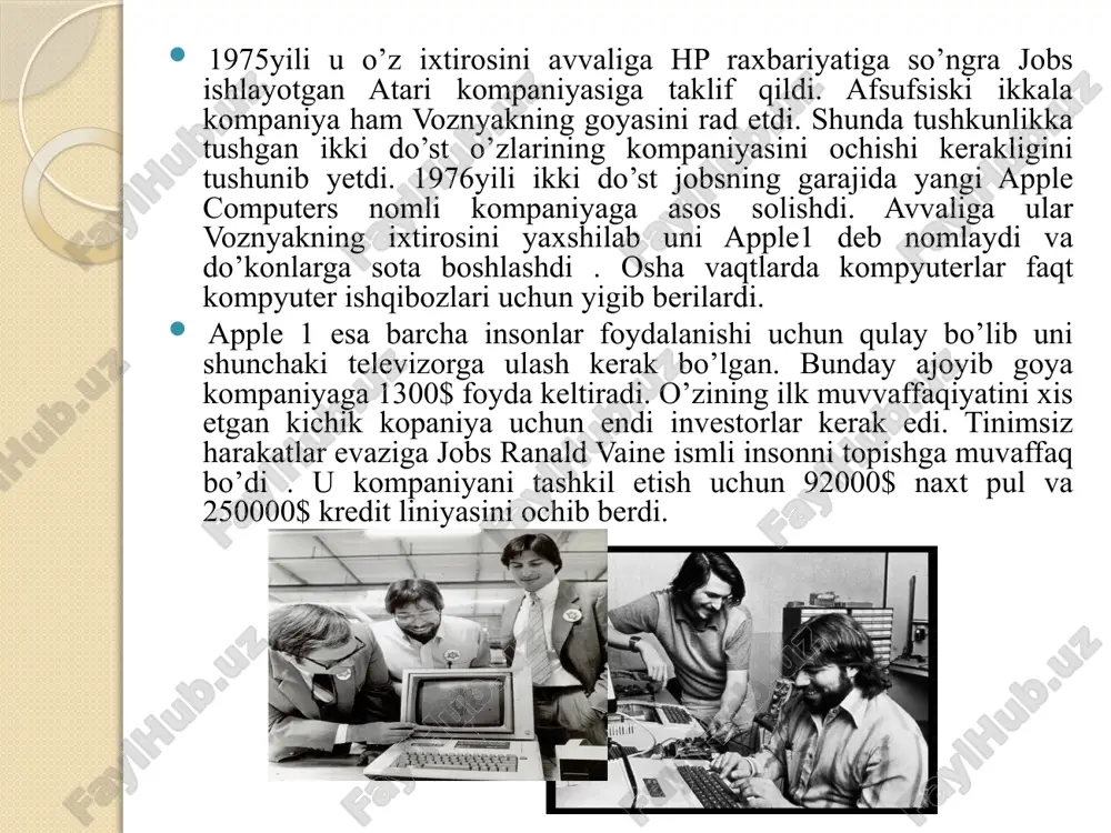 9mln$ evaziga sotib oladi va shu yo’l orqali stive jobsni kompaniyaga qaytaradi. bu hodisa apple kompaniyasining vaziyatini tubdan o’zgartirib yuboradi va jobs hammasini yangidan boshlaydi. u barcha zarar keltirayotgan loyihalarni yopadi va 3000kishini ishdan oladi. aynan o’sha paytta u kompaniyada ishlayotgan yosh qobiliyatli jonatan aif dizaynerini uchratdi. stive uni bosh sanoat dizayneri etib tayinlaydi. kompaniya barcha resurslarni yangi loyixaga yo’naltiradi va 1necha oydan so’ng yangi i mac kompyuterini barchaga havola qiladi. 1998 yili kompaniya ibook kompyuterini xam ommaga taqdim etdi. bu yangi loyihalarni boshlanishi edi. 2001 yili apple ipod nomli qurimani ishlab chiqaradi. qurilmaning minimalistic dizayni va qulayligi tez orada ommalashadi. 2003 yilda itunes musiqiy dasturi namoyish etiladi. 2007yili esa kompaniyaning eng mashxur taqdimotida revolutsion iphone smartfonini namoyish etadi. ushbu qurilma barcha smartfonlar aslida qanday bo’lishi kerakligini belgilaydi. aynan shu yili kompaniyaning i mac , ipod touch, apple tv kabi maxsulotlarni bozaorda paydo bo’ldi. 2008yili kompaniya o’zining appstore ilovalar do’konini …