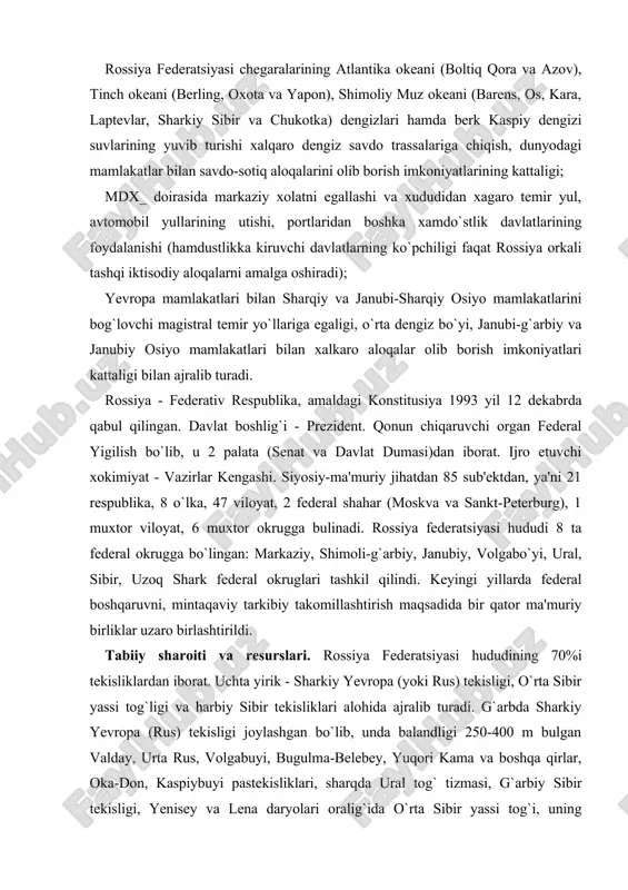 y takomillashtirish maqsadida bir qator ma'muriy birliklar uzaro birlashtirildi. tabiiy sharoiti va resurslari. rossiya federatsiyasi hududining 70%i tekisliklardan iborat. uchta yirik - sharkiy yevropa (yoki rus) tekisligi, o`rta sibir yassi tog`ligi va harbiy sibir tekisliklari alohida ajralib turadi. g`arbda sharkiy yevropa (rus) tekisligi joylashgan bo`lib, unda balandligi 250-400 m bulgan valday, urta rus, volgabuyi, bugulma-belebey, yuqori kama va boshqa qirlar, oka-don, kaspiybuyi pastekisliklari, sharqda ural tog` tizmasi, g`arbiy sibir tekisligi, yenisey va lena daryolari oralig`ida o`rta sibir yassi tog`i, uning sharqida markaziy yokutiston pasttekisligi bor. mamlakatning sharki va janubida tog`lar ko`p. katta kavkaz tog`ining shimoliy yon bag`rida rossiyadagi eng baland nuqta - elbrus tog`i (5642 m) joylashgan. sibirda oltoy, kuznesk olatovi, „ g`arbiy sayan tog`lari, tuva, baykalbuyi, baykal ortidagi toglar va sta​novoy tizmasi, verxoyansk, chersk tog tizmalari va yassi toglar, uzoq sha​rqda chukotka, koryak va boshka tog tizmalari mavjud. yevropa qudratli tog` hosil bo`lish jarayonlari va litosfera plitasi harakati (tinch …
