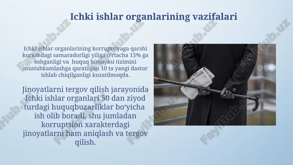 lari faoliyati davlat nazorati organlari faoliyatining samaradorligini baholashda korrupsiya holatlarining 20% ga kamayganligi kuzatildi, bu 2021-2022 yillardagi ma’lumotlarga asoslanadi. elektron hukumat tizimlarini joriy etish natijasida byurokratik jarayonlar 30% qisqardi, bu esa korrupsiya xavfini sezilarli darajada kamaytirdi. korrupsiyaga qarshi kurash samaradorligini oshirish yoʻllari korrupsiyaga qarshi kurashda xalqaro tashkilotlar bilan hamkorlikni 30% ga oshirish orqali tajriba almashish va yangi texnologiyalarni joriy etish samaradorlikni sezilarli darajada yaxshilaydi. davlat xizmatchilari orasida axloq qoidalari va korrupsiyaga qarshi kurash bo'yicha o'qitish dasturlarini 50% ga kengaytirish, 100% qamrovga erishish uchun muhim hisoblanadi. fuqarolik jamiyati institutlarining ishtiroki ombudsman institutining faoliyati natijasida so'nggi 5 yilda 1000 dan ortiq korrupsiya holatlari bo'yicha murojaatlar ko'rib chiqilib, tegishli chora-tadbirlar ko'rildi, bu fuqarolarning ishonchini oshirishga yordam berdi. fuqarolik jamiyati institutlari korrupsiyaga qarshi kurashda 20 dan ortiq loyihalarni amalga oshirdi, bu ularning jamoatchilik nazoratini kuchaytirishga va 15% ga yaqin korrupsion xatti-harakatlarni aniqlashga yordam berdi. sud-huquq tizimining ishtiroki o‘zbekiston sudlari 2022-yilda korrupsiya bilan bog‘liq 1500 …