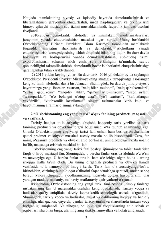 niyat bilan bog‘liqligi muhim ahamiyatga ega. garchi mustaqillik davri tarixan qisqa bo‘lsada, mustabid tuzum asoratidan sovet tizimidan chiqib ketish, butun bir xalqning mustaqilligi va erkinligini ta’minlash kabi g‘oyatda ziddiyatli, tahdidli va tahlikali, ayni paytda sharafli jarayonni boshdan kechirdi. o‘zbekiston respublikasining mustaqillik yillarida bosib o‘tgan yo‘lining mazmun-mohiyati va xususiyatlarini ob’yektiv baholagan holda mustaqillik davrini quyidagi ikki bosqichga bo‘lib o‘rganish maqsadga muvofiq bo‘lar edi. 1) 1991–2016-yillar. bu davrda milliy davlatchilik asoslari va ijtimoiy yo‘naltirilgan bozor iqtisodiyotini yuzaga keltirishga qaratilgan o‘tish davrining dastlabki islohotlar jarayoniga ilk qadamlar qo‘yildi. demokratik an’analar asosida yangi davlat boshqaruv tizimi – qonun chiqaruvchi, ijro etuvchi va sud hokimiyati tashkil etildi, hamda fuqarolik jamiyati asoslari yaratildi, erkin bozor iqtisodiyotiga o‘tila boshlandi. 2000-yildan mamlakatda faol demokratik yangilanish va modernizatsiyalash jarayonlari kuzatildi. shu davrdan asosiy vazifasi qilib kuchli davlatdan – kuchli fuqarolik jamiyatiga bosqichma-bosqich o‘tish vazifasi qo‘yildi. natijada mamlakatning siyosiy va iqtisodiy hayotida demokratlashtirish va liberallashtirish jarayonlari chuqurlashdi, inson haq-huquqlari va …
