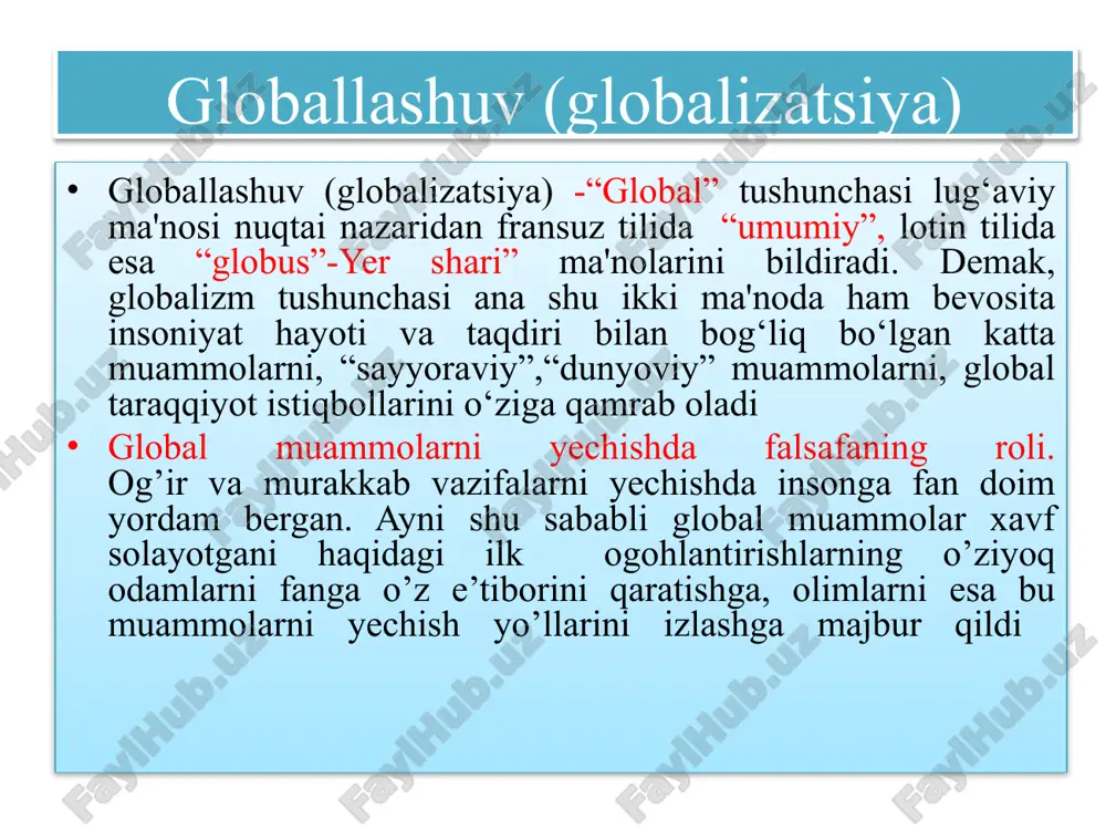 uyosh atrofida va oʻz oʻqi atrofida aylanib turadi. ) yondashuvlarga o‘rin bo‘shatdi, insoniyat esa, nihoyat, kun va tunning almashishini to‘g‘ri talqin qilishga muvaffaq bo‘ldi. fan falsafadan ajralib chiqib, bilimlar to‘planishi va texnikaning rivojlanishiga kuchli turtki berdi, fan-texnika taraqqiyoti va sanoat inqilobi yuz berishiga sabab bo‘ldi. so‘nggi voqealar natijasida insonning tabiatni o‘zgartiruvchi imkoniyatlari va uning atrof muhit bilan munosabatini butunlay o‘zgartirdi. umumbashariy muammolarni mazmuni va xususiyatiga ko‘ra uchta guruxga ajratish mumkin: birinchi guruxga: jahon termoyadro urushini oldini olish,yer yuzidagi xalqlar ijtimoiy taraqqiyoti uchun tinchlikni saqlash, rivojlanayotgan mamlakatlardagi mavjud kamchiliklarni tugatish, yangi xalqaro iqtisodiy tartibni o‘rnatish kabi muammolar kiradi ikkinchi guruhga: atrof-muhitni falokatli ifloslanishdan saqlab qolish,insoniyatni yoqilg‘i xom-ashyo, oziqovqat bilan taʼminlash, jahon okeani manbalarini koinotni o‘zlashtirish singari umumbashariy muammolarni tashkil etadi. uchunchi guruhga: ilmiy texnika inqilobi salbiy oqibatlarini oldini olish, sog‘liqni saqlash, savodsizlikka qarshi kurashish singari muhim hayotiy muammolardan iborat xulosa insoniyat o‘zini o‘zi tashkil etuvchi jonli tizim sifatida o‘z mavjudligi uchun …