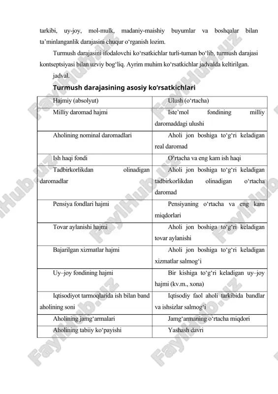 atistik ko‘rsatkichlar va boshqalar. turmush darajasi ko‘rsatkichlari umumiy va xususiy turlarga ajratiladi. umumiy ko‘rsatkichlarga 1)milliy daromad; 2)iste’mol fondi (iqtisodiyot tarmoqlarining bevosita iste’molga yo‘naltirilgan mahsulotlari); 3)milliy boyliklar iste’mol fondi (to‘plangan iste’mol mulklari – turar joylar, madaniy-maishiy binolar, buyumlar) kabilarning aholi jon boshiga to‘g‘ri keladigan ulushi kiritiladi. bu ko‘rsatkichlar jamiyat ijtimoiy-iqtisodiy taraqqiyotining umumiy darajasini ifodalaydi. xususiy ko‘rsatkichlardan 1)iste’mol darajasi va usullari; 2)mehnat sharoitlari; 3)turar joy ta’minoti va maishiy qulayliklar; 4)ijtimoiy-madaniy xizmat ko‘rsatish darajasi; 5)bolalarni tarbiyalash sharoitlari; 6)ijtimoiy ta’minot va boshqalarni keltirib o‘tish mumkin. mazkur ko‘rsatkichlar ijtimoiy taraqqiyot bilan bog‘liq, ammo aholi (mexnatkashlar)ning ma’lum guruhlari, hudud va boshqalar bo‘yicha aniqlashtirilgan. iqtisodiy ko‘rsatkichlar inson va jamiyat hayotining iqtisodiy jihatlarini, ehtiyojni qondirishning iqtisodiy imkoniyatlarini ifodalaydi. jamiyat iqtisodiy taraqqiyoti va har bir insonning farovonligi (nominal va haqiqiy daromadlar, ish bilan bandlik va boshqalar) darajasini aks ettiruvchi ko‘rsatkichlar iqtisodiy ko‘rsatkichlar sirasiga kiritiladi. bu ko‘rsatkichlar ishchi kuchini (aholini) takror ishlab chiqarish bilan uzviy bog‘liq bo‘lib, uning iqtisodiy asoslarini …
