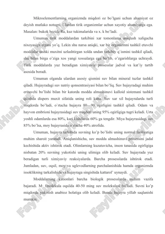 g parchalanishida hamda organizmda issoklikning tarkalishida va hujayraga singishida kattarol’ uynaydi. moddalarning kationlari barcha biologik prosesslarda muhim vazifa bajaradi. m: 1molekula oqsilda 40-50 ming suv molekulasi bo’ladi. suvni ko’p miqdorda yukotish anabioz holatiga olib keladi. bunda hujayra yillab saqlanishi mumkin. organik moddalar deyarli barcha tirik organizmlar asosini tashkil qiladi. ular, oqsil, uglevodlar, fermentlar, lipidlar, moylar, lipoidlar, nuklein kislotalar va x k bir qancha ko’rinishlarda uchraydi, asosiy ko’rilish materiallarini hosil qiladi. oqsil biosintezi mavzusida hosil bo’lish jarayonlarini batafsil gaplashamiz. umuman turlicha qonfigurasiya zanjirida juda murakkab lekula iplarining uzunasiga yunalganligi yoki uralma xolda bo’lishiga ko’ra tolasimon va glabo’lyar oqsillarga ajratiladi. tolasimon oqsillar bir-biri bilan kushilib malum darajada uyiriklashishi xususiyatiga ega. ular ko’prok sklet oqsillarida (skleroproteinlar ko’rinishida) uchraydi. globo’lyar oqsillar – moddalar almashinuvida aktiv hisoblanadi. chunki ularning yon guruxlari tula olish xususiyatiga ega. oqsillar asosan 2 xil guruxga: oddiy va murakkab oqsillarga bo’linadi. oddiy oqsillar asosan faqat aminokislotalardangina tashkil topgan bo’lsa (qolllagen, elastik, …