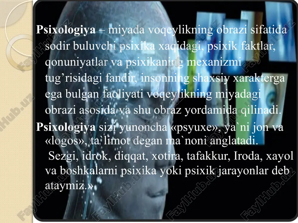 angi davr va psixologiya. psixologiya soxasida mukammal darsliklar yozila boshlangan davrga sal kam 160 yil bo’ldi. shu davr ichida juda ko’plab ilmiy tadqiqot natijalarini o’z ichiga olgan monografiyalar, darsliklar, kullanmalar yozildi. xx asr va uning erishilgan yutuklaridan eng muximi shu bo’ldiki, texnika, elektronika va boshka shunga o’xshash murakkab texnologiyalarni yaratgan inson va uning bevosita kundalik xayoti bilan boglik muammolar ko’payib borishi bilan xarakterlanadi. www.arxiv.uz psixologiyaning tadbiqiy va amaliy soxalari. xozirgi zamon ilm-fanining qadri va axamiyati uning nechogli amaliyotga kirib borib, tadbiqiy saloxiyati ortib borishi bilan baxolanadi. psixologiyaning oxirgi yillardagi taraqqiyoti xam aynan anna shu mezon talablariga javob berishi bilan xarakterlanadi. amaliy xamda tadbiqiy psixologiya soxalarining oziga xos jixatlari avvalo shundan iboratki, ular jamiyatning bevosita bugungi kundagi talablari va buyurtmalariga kora ish yuritadi. jamiyatimizda esa psixologik bilimlarni bevosita amaliyotga jamiyatimizda esa psixologik bilimlarni bevosita amaliyotga tadbiq etishga extiyoj katta. www.arxiv.uz foydalanilgan adabiyotlar. 1. umumiy psixologiya. t.: wqituvchi, 1992. – 512 s. …