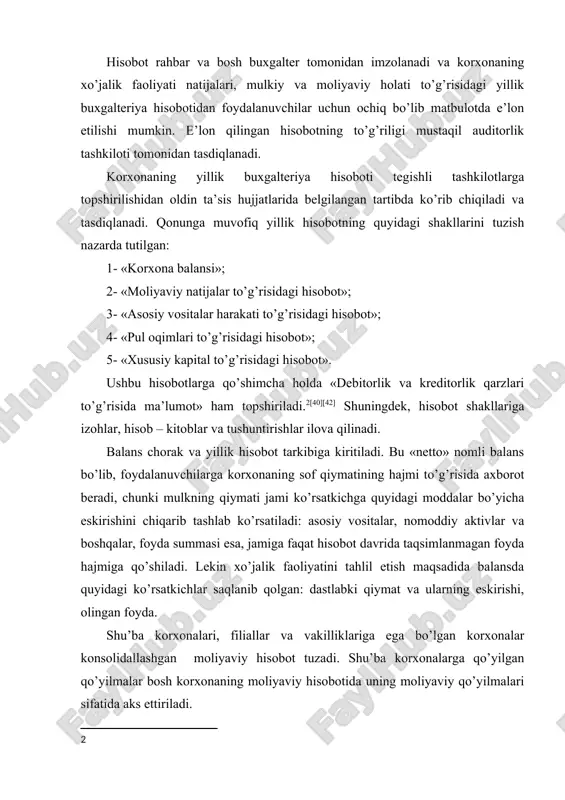 lekin ularning balansi va boshqa hisobot shakllari tegishli yuridik shaxsning konsolidallashgan hisobotiga albatta qo’shiladi. konsolidallashgan hisobotga bosh korxonaning moliyaviy hisoboti ilova qilinadi. konsolidallashgan hisobot 8 –sonli milliy standartga binoan tuziladi. [41][43] lekin vazirliklar, idoralar va budjet tashkilotlari bo’yicha tuziladigan yig’ma moliyaviy hisobotlar bundan mustasno. yillik moliyaviy hisobot quyidagi hajmida topshiriladi: · buxgalteriya balansi (1-shakl); · moliyaviy natijalar to’g’risida hisobot (2-shakl); · asosiy vositalar harakati to’g’risida hisobot (3-shakl); · pul oqimlari to’g’risida hisobot (4-shakl); · xususiy kapital to’g’risida hisobot (5-shakl); · debitor va kreditor qarzlari to’g’risida ma’lumot (2-a-shakli). kichik korxonalar va mikrofirmalar faqat quyidagi shakllardan iborat bo’lgan yillik moliyaviy hisobot topshiradi: a) buxgalteriya balansi (1-shakl); b) moliyaviy natijalar to’g’risida hisobot (2-shakl); ye) debitor va kreditor qarzlari to’g’risida ma’lumot (2-a-shakli). хo’jalik yurituvchi subyektlarning yillik moliyaviy hisoboti qiziquvchi banklar, birjalar, investorlar, kreditorlar va boshqalar uchun ochiq hisoblanadi. ochiq tipdagi aksioner jamiyatlar, sug’urta kompaniyalar, banklar, fond va tovar birjalari, investitsiya fondlari va boshqa moliyaviy …