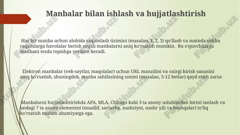 uvchini mazmun bilan tanishtirishda muhim rol oʻynaydi. rasmlar, jadvallar va diagrammalar bilan ishlash jadvallarni yaratib, kamida 5 ta ustun va 10 ta qatorni ishlatish, ma'lumotlarning mantiqiy tuzilishini va tahlilini osonlashtiradi. rasmlarni sifatini saqlagan holda, 300 dpi dan yuqori o'lchamlarda joylashtirish matn bilan uyg'unlikni ta'minlaydi va chop etish sifatini yaxshilaydi. diagrammalar (masalan, ustunli, chiziqli diagrammalar) ma'lumotlarning 20% dan ortiq qismini vizual tarzda ifodalashda samarali vosita bo'lib xizmat qiladi. e'tiboringiz uchun rahmat @taqdimot_robot