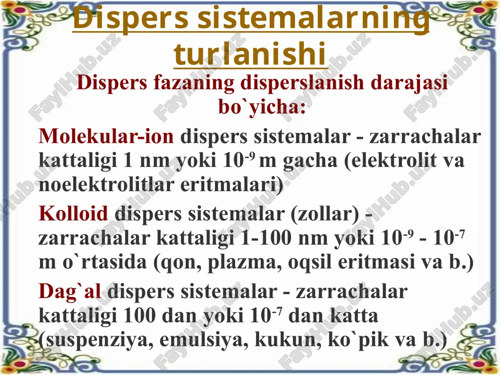 lar. elektroforez elektr maydonda dispers faza zarrachalarining dispersion muhitga nisbatan elektrodlardan biri tomon harakatlanishi elektroforez deb nomlanadi. + - - - - - - - - - - - - - - + + + + + + + + + + + + + elektrokinetik hodisalar. elektroosmos elektr maydonda suyuq dispersion muhit zarrachalarining harakatsiz dispers faza zarrachalariga nisbatan elektrodlardan biri tomon harakatlanishi elektroosmos deb nomlanadi. - + + + ++++++++ + + ++++++++ suyuqlik //////////////////////////////////////////////////////// ////////////////////////////////////////////////////////// - - - - - - - - - - - - - - - - - - - - kolloid sistemalarning molekular-kinetik hossalari - turg`unligini ta`minlovchi omillar sifatida 1. broun harakati - dispers faza zarrachalarining erituvchining molekulalari ta`siridagi uzluksiz va betartib harakati 2. diffuziya - harorat ta`siri, hamda broun harakati tufayli eritmada kolloid zarrachalarning teng taqsimlanishi 3. osmotik bosim - kolloid eritma zarrachalari yirik va konsentratsiyasi kichik bo`lishiga qaramay, osmotik bosim kolloid …
