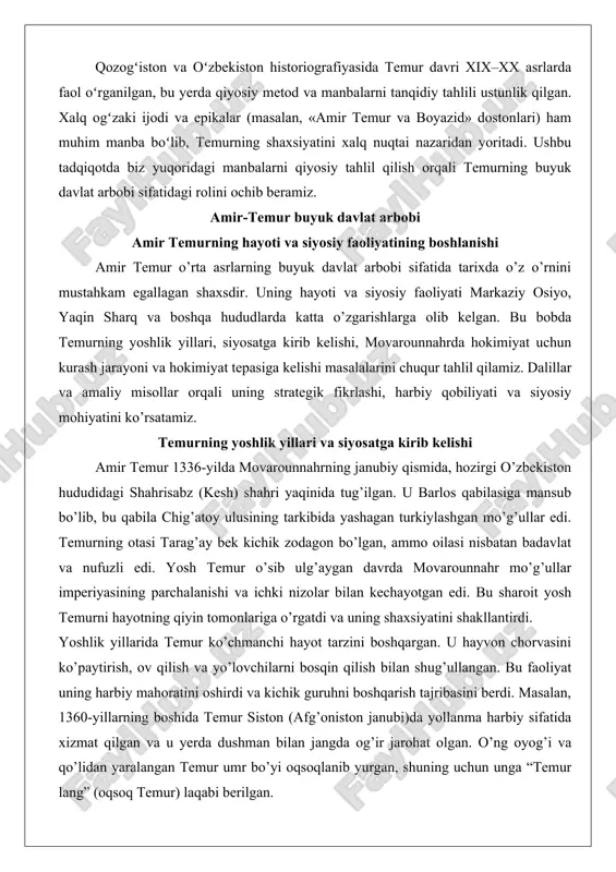 o’g’ullar edi. temurning otasi tarag’ay bek kichik zodagon bo’lgan, ammo oilasi nisbatan badavlat va nufuzli edi. yosh temur o’sib ulg’aygan davrda movarounnahr mo’g’ullar imperiyasining parchalanishi va ichki nizolar bilan kechayotgan edi. bu sharoit yosh temurni hayotning qiyin tomonlariga o’rgatdi va uning shaxsiyatini shakllantirdi. yoshlik yillarida temur ko’chmanchi hayot tarzini boshqargan. u hayvon chorvasini ko’paytirish, ov qilish va yo’lovchilarni bosqin qilish bilan shug’ullangan. bu faoliyat uning harbiy mahoratini oshirdi va kichik guruhni boshqarish tajribasini berdi. masalan, 1360-yillarning boshida temur siston (afg’oniston janubi)da yollanma harbiy sifatida xizmat qilgan va u yerda dushman bilan jangda og’ir jarohat olgan. o’ng oyog’i va qo’lidan yaralangan temur umr bo’yi oqsoqlanib yurgan, shuning uchun unga “temur lang” (oqsoq temur) laqabi berilgan. bu jarohat uning jismoniy holatini zaiflashtirgan bo’lsa-da, ruhiy kuchini oshirgan. u bu voqeani o’z hayotining burilish nuqtasi sifatida qabul qilgan va keyinchalik bu tajribani harbiy strategiyalarida qo’llagan.temurning siyosatga kirib kelishi 1360-yilda otasining o’limi bilan boshlangan. u …