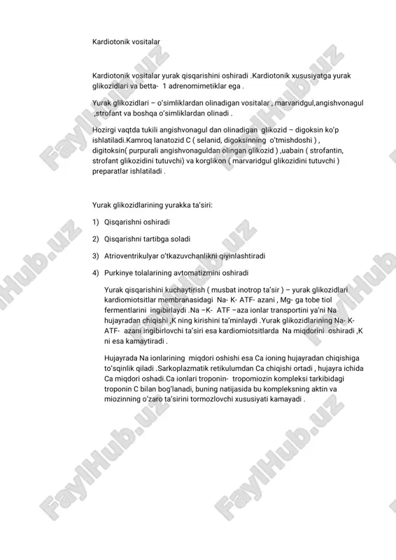 hbuvositalaryurakqisqarishini kuchsizlantiradi.ammo,o’rtachasurunkaliyurakyetishmovchiligidabetta –adrenoblokatorlarsistematikqo’llanilishibemorahvoliniyaxshilab,o’lim xavfini kamaytiradi.ko’rinibturibdiki,bundayurakkasimpatiknervsistemasininghaddan ortiqta’sirikamayadi,bundantashqari,ularantianginalvaantiaritmikta’sir ko’rsatadi. surunkaliyurakyetishmovchiliginidavolashda–karvedilol(dilatrend)ningham foydasitegadi,uningbetta-adrenoblokatortarkibitomirkengaytiruvchi(alfa-1 adrenoretseptorlarniblokadaqilib)vaantioksidantta’sirlargaega.preparat sutkada1martaichishgabuyuriladi. kardiotonikvositalar kardiotonikvositalaryurakqisqarishinioshiradi.kardiotonikxususiyatgayurak glikozidlarivabetta-1adrenomimetiklarega. yurakglikozidlari–o’simliklardanolinadiganvositalar,marvaridgul,angishvonagul ,strofantvaboshqao’simliklardanolinadi. hozirgivaqtdatukiliangishvonaguldanolinadiganglikozid–digoksinko’p ishlatiladi.kamroqlanatozidc(selanid,digoksinningo’tmishdoshi), digitoksin(purpuraliangishvonaguldanolinganglikozid),uabain(strofantin, strofantglikozidinitutuvchi)vakorglikon(marvaridgulglikozidinitutuvchi) preparatlarishlatiladi. yurakglikozidlariningyurakkata’siri: 1)qisqarishnioshiradi 2)qisqarishnitartibgasoladi 3)atrioventrikulyaro’tkazuvchanlikniqiyinlashtiradi 4)purkinyetolalariningavtomatizminioshiradi yurakqisqarishinikuchaytirish(musbatinotropta’sir)–yurakglikozidlari kardiomiotsitlarmembranasidagina-k-atf-azani,mg-gatobetiol fermentlariniingibirlaydi.na–k-atf–azaionlartransportiniya’nina hujayradanchiqishi,kningkirishinita’minlaydi.yurakglikozidlariningna-k- atf-azaniingibirlovchita’siriesakardiomiotsitlardanamiqdorinioshiradi,k niesakamaytiradi. hujayradanaionlariningmiqdorioshishiesacaioninghujayradanchiqishiga to’sqinlikqiladi.sarkoplazmatikretikulumdancachiqishiortadi,hujayraichida camiqdorioshadi.caionlaritroponin-tropomiozinkompleksitarkibidagi troponincbilanbog’lanadi,buningnatijasidabukompleksningaktinva miozinningo’zarota’sirinitormozlovchixususiyatikamayadi.