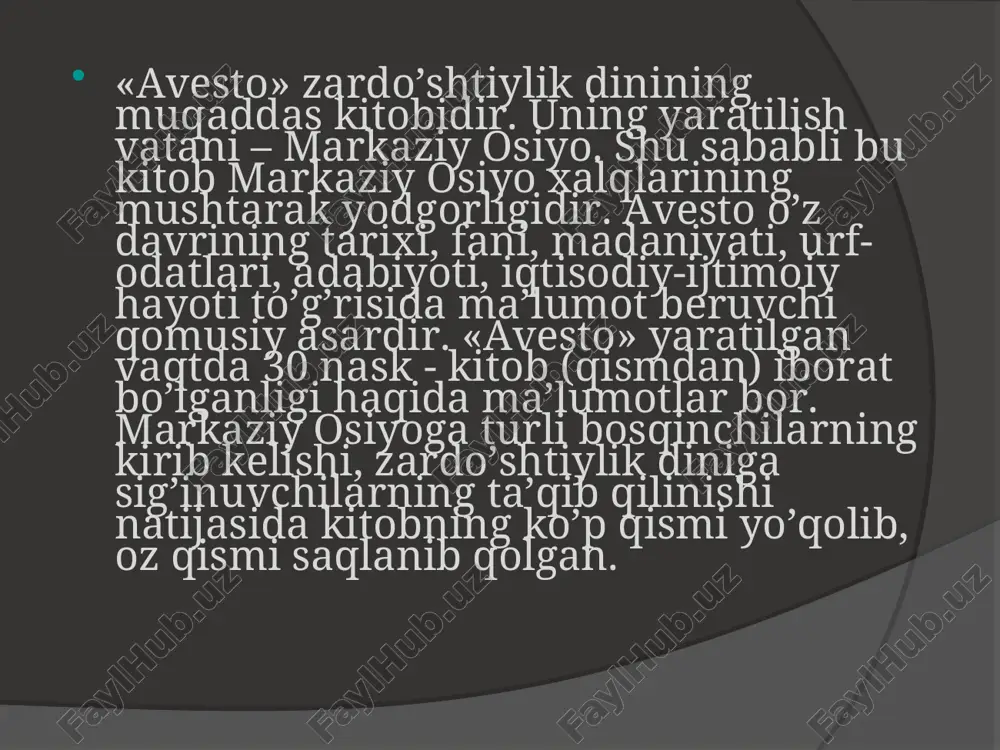 yaxshi fikr va yaxshi so‘zlarda ilgari surilgan barcha ijobiy yo‘l-yo‘riqlarga og‘ishmay amal qilish nazarda tutiladi. «avesto»da naslning pokligi, tozaligiga ham alohida e’tibor berilgan, qattiq nazorat qilingan, qarindosh-urug‘, aka-ukaning quda-anda bo‘lishi qoralangan. hozirgi medisina fani aka-uka, yaqin qarindoshlar o‘rtasidagi qudachilik munosabatlari kelajak avlodning sog‘lom, to‘la-to‘kis bo‘lib tug‘ilishiga salbiy ta’sir ko‘rsatishini to‘liq aniqlagan. buni esa bizning ajdodlarimiz allaqachon aniqlaganlari hozirgi zamon kishisini lol qoldiradi. qolaversa, yaqin kishilarning nikoh masalalarida ma’naviy jihatlar ham borki, bunga inson qalbi yo‘l bermasligi kerak. ko‘rinadiki, o‘rta osiyoda keng tarqalgan qadimiy zardushtiylikda oila va nikoh masalalari, inson muammosiga katga ahamiyat berilgan. insonning jismoniy va ma’naviy pokligi zardushtiylik axloqining eng qadimiy talablaridandir. oila va nikoh yaratguvchining talabiga mos kelganligi bois uni buzish taqiqlangan. agarda oilada er yoki xotin axloqsizlik, ya’ni buzuqchilik gunohi sodir etsa, unday kishilar tayoq bilan jazolangan. shu orqali oila mustahkamligi uchun kurashganlar. zardushtiylik ta’limotidan ko‘rinib turibdiki, sharqda qadimdan oila muqaddas hisoblangan. uni mustahkamlab, darz ketishiga yo‘l …
