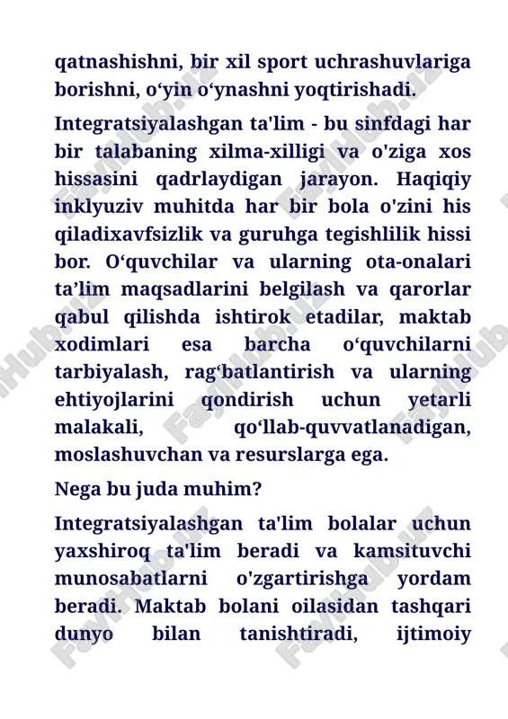 satilishi kerak. integratsiyalashgan ta'limning afzalliklari har bir bolaning individual qobiliyatini rivojlantirish. ota-onalarni jalb qilishmaktabning madaniy-ma'rifiy va ma'rifiy faoliyati. hurmat va inklyuzivlik maktab madaniyatini shakllantirish. integratsiyalashgan ta'lim individual farqlarni tan olish va qabul qilish imkoniyatini beradi, bu esa jamoada ta'qib va zo'ravonlik xavfini yo'q qiladi. boshqa bolalarning keng doirasi bilan doʻstlikni rivojlantirish, ularning shaxsiy ehtiyojlari va qobiliyatlarini tushunish. integratsiyalashgan ta'lim uchun shart-sharoitlar integratsiyalashgan ta'lim uchun shart-sharoitlar yangi ishlaydigan tizim integratsiyalashgan oʻrganish ixtiyoriy. avvalo, ota-onalarning fikriga va bolaning o'zi istagiga tayanishga arziydi. taxminan aytganda, integratsiya alohida komponentlarning bir butunga birikmasidir. ta'limga kelsak, bu jarayonni sog'lom bolalar va har qanday og'ishlarga ega bo'lgan bolalarning sof mexanik birlashmasi deb atash mumkin emas. bu bolalar, o'qituvchilar, tuzatish bo'yicha mutaxassislar o'rtasidagi o'zaro munosabatlarning murakkab to'plamidir. bu mahalliy narsa emas, chunki barcha sohalarda maktab faoliyatini tashkil etishda yaxlit va tizimli yondashuv zarur. innovatsion texnologiyalar ta’lim tizimini modernizatsiya qilish innovatsion g’oyalar va yechimlardan faol foydalanishni o’z ichiga oladi. …