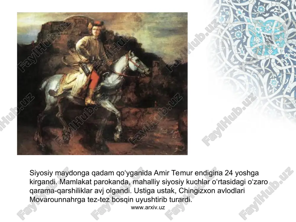 a ularning mijozlariga, tabiatiga to'g'ri kelgan, o'zlari tilagan odamlarni ularga hokim qilib tayinladim. har bir diyor aholisining ahvolidan ogoh bo'lib turdim. har bir mamlakatning ahvolini, sipohu raiyat kayfiyatini, turmushlarini, bular o'rtasidagi aloqalarni yozib menga bildirib turish uchun diyonatli, kishilardan voqeanavislar belgiladim .” www.arxiv.uz www.arxiv.uz "hech kimdan o'ch olish maqomida bo'lmadim. tuzimni totib menga yomonlik qilganlarni parvardigori olamga topshirdim. ish ko'rgan, shijoatli er-yigitlarni qoshimda tutdim, ko'ngli buzuq qo'rqoqlarni majlisimdan quvib yubordim". www.arxiv.uz www.arxiv.uz "biron mamlakatda jabr-zulm va fisq-fasod kuchayib ketarkan, asl podsholar adolat o'rnatib, fisq-fasodni, zulmni yo'qotish niyatida ana shunday mamlakatga hujum boshlashi lozim. tangri taolo shu niyatining sharofati bilan mamlakatni zolimning qo'lidan tortib olib, odil (podshoh)ga topshiradi". www.arxiv.uz www.arxiv.uz "yana amr qildimki, g'anim tomonidan bizning qo'limizga har qanday sipohiy asir bo'lib tushsa, uni o'ldirmasinlar, unga ixtiyor bersinlar. agar navkarlikni qabul qilsa, navkar qilsinlar, yo'q esa uni ozod etsinlar. bunga misol, men (qaysar bilan urushda) to'rt ming rumlik askarni ozod qildim" …
