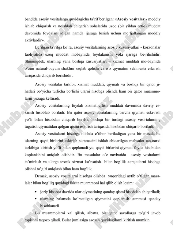 hni taqozo qiladi. bular jumlasiga asosan quyidagilarni kiritish mumkin: · asosiy vositalarning boshlang’ich qiymatini qanday aniqlash kerak? · asosiy vositalarning bir qismini xarajatlarga qanday olib borish kerak? · asosiy vositalarni ta’mirlash, texnik xizmat ko’rsatish va ulardan foydalanish bilan bog’liq xarajatlar hisobini qanday olib borish kerak? · hisobda asosiy vositalar va nomoddiy aktivlarning chiqib ketishini qanday ifodalash kerak? kutubxona fondlari, qishloq xo’jalik mashinalari va qurollari qiymatidan qat’iy nazar, asosiy vositalarga qo’shiladi. asosiy vositalarni hisobga olishni engillashtirish maqsadida uni batafsil turkumlab olish maqsadga muvofiqdir. asosiy vositalar bir qator belgilari bo’yicha turkumlanadi (8.1- chizma). 8.1- chizma. asosiy vositalarni turkumlanishi buxgalteriya hisobida hisobga olishda asosiy vositalarni turlari bo’yicha (natural buyum shakliga ko’ra) quyidagi gruhlarga ajratiladi: · yer; · yerni obodonlashtirish; · moliyalanadigan lizing shartnomasi bo’yicha olingan asosiy vositalar; · binolar, inshootlar va uzatuvchi moslamalar; · mashina va uskunalar; · mebel va ofis jihozlari; · kompьyuter jihozi va hisoblash texnikasi; · transport vositalari; · ish …