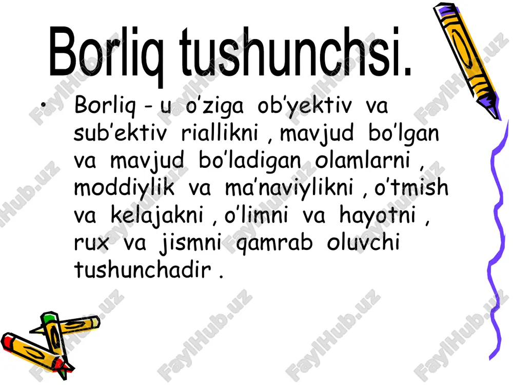 qanday hodisa va jarayon fazo va vaqtdan tashqarida mavjud bo`la olmaydi. harakat shakllariga quyidagilar kiradi. 1. mexanik harakat (jismlarning fazodagi siljishi. 2. fizik harakat (issiqlik, yorug’lik, elektr, magnitizm.) 3. kimyoviy harakat (kimyoviy birikish va parchalanish agregat holatlarning bir-biriga o’tishi.) 4. biologik harakat (organik hayot) 5. ijtimoiy harakat. materiya atributlariichida uning asosiy yashash usuli, mavjudlik shakli- bu harakatdir, chunki materiyaning har qanday ko’rinishining yaxlitligi harakat tufayli saqlanadi. harakat bir tomondan moddiy jismlarning tashkil etuvchi elementlar va turli jismlar o’rtasidagi aloqadorliklarning natijasi sifatida boshqa tomondan esa ularda ro’y beruvchi o’zgarishlar sifatida sodir bo’ladi. falsafa fanidan mavzu: borliq falsafasi. bajardi: 22-11 guruh talabasi sultonova dilnoza tekshirdi: mastonov k.