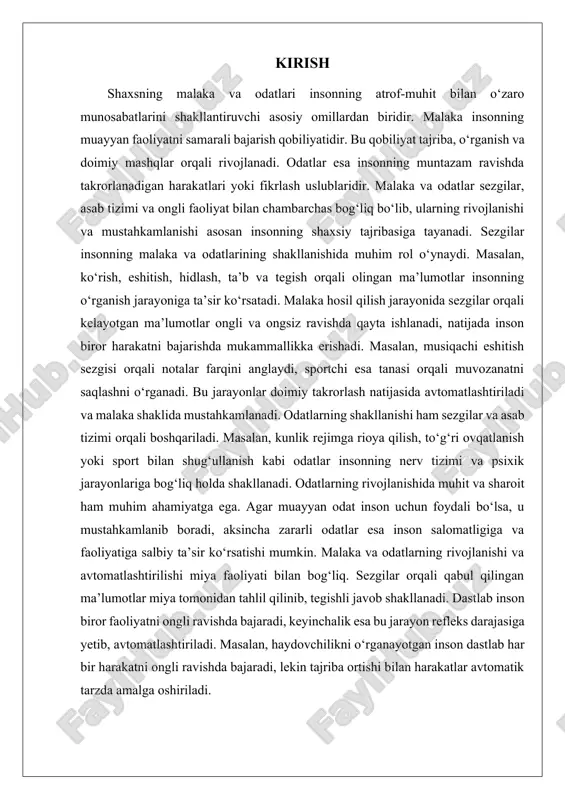 liyatini rivojlantiradi. masalan, yozish yoki bosma klaviaturada ishlash malakasini olaylik. dastlab, inson har bir harfni ongli ravishda qidira boshlaydi, keyin esa qo‘llari avtomatik ravishda kerakli tugmalarni bosishga o‘rganadi. malaka oshgani sari, inson yanada tezroq va aniqroq yozishni boshlaydi. odatlar – insonning muntazam ravishda takrorlanadigan harakatlari yoki xatti-harakatlaridir. ular ongli yoki ongsiz ravishda shakllanishi mumkin. masalan, ertalab tish yuvish, sport bilan shug‘ullanish, doimiy ravishda kitob o‘qish yoki vaqtni to‘g‘ri rejalashtirish odatlarga misol bo‘la oladi. odatlar ijobiy yoki salbiy bo‘lishi mumkin. foydali va insonning hayot sifatini oshiruvchi odatlar sog‘lom ovqatlanish, muntazam jismoniy mashqlar qilish va o‘z ustida ishlash orqali shakllanadi. i malaka shakllanishi. malaka insonning muayyan faoliyat turini bajarish jarayonida shakllanadigan va takroriy mashqlar natijasida avtomatlashtiriladigan qobiliyatidir. har qanday kasbiy yoki kundalik faoliyatda malaka katta ahamiyatga ega bo‘lib, insonning samaradorligini oshiradi. malaka shakllanishi tabiiy jarayon bo‘lib, u vaqt, tajriba va doimiy mashq qilish orqali rivojlanadi. bu jarayonda ongli va ongsiz mexanizmlar ishtirok …