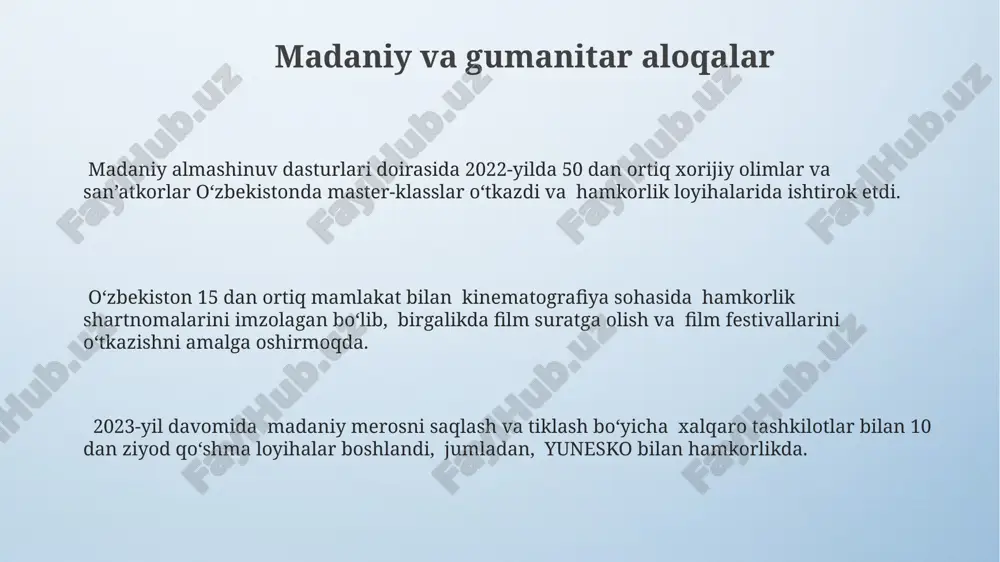 vsiflanadi. xorijiy investitsiyalar oqimining 30% dan ortig‘i ikki tomonlama kelishuvlar asosida amalga oshirilmoqda, bu o‘zbekiston iqtisodiyotining global integratsiyasini kuchaytiradi. e'tiboringiz uchun rahmat @taqdimot_robot image4.png image3.jpeg