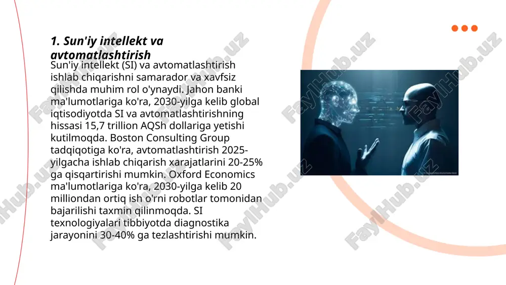 a. ... t.me/slaydai_bot kiberxavfsizlik texnologiyalari zamonaviy texnologiyalar bilan birga rivojlanmoqda va global kiberxavfsizlik bozori 2023 yilda $187 milliarddan oshishi kutilmoqda. 2025 yilga kelib, xalqaro miqyosda ma'lumotlarni himoya qilish uchun sarflanadigan mablag' $250 milliardga yetishi mumkin. o'zbekistonda kiberxavfsizlikka e'tibor oshib bormoqda; 2020 yilda bu soha uchun $30 million ajratilgan edi. 2022 yilda esa o'zbekistonda kiberxavfsizlik bo'yicha 7 dan ortiq davlat dasturlari amalga oshirildi. kiberxavfsizlik hodisalari soni yillik o'sish tendensiyasiga ega bo'lib, 2021 yilda har oyda 14 mingdan ortiq kiber hujum qayd etilgan. ... t.me/slaydai_bot 7. avtomobil sanoatidagi texnologik yutuqlar so'nggi yillarda avtomobil sanoatida texnologik yutuqlar sezilarli darajada o'sdi. elektr avtomobillarining ommalashuvi, masalan, 2030 yilga borib global avtomobil bozorining 30% ini tashkil qilishi kutilmoqda. avtonom haydovchi tizimlarining rivojlanishi ham avtomobil sanoatida katta o'zgarishlarga olib keldi. tesla kabi kompaniyalar 8 ta kamera va 12 ta ultrasonik sensorlar orqali avtonom haydash imkoniyatini taklif etmoqda. shuningdek, suspenziya sistemalarida buzilmalar oldini oluvchi yangi texnologiyalar qo'llanmoqda. yengil …