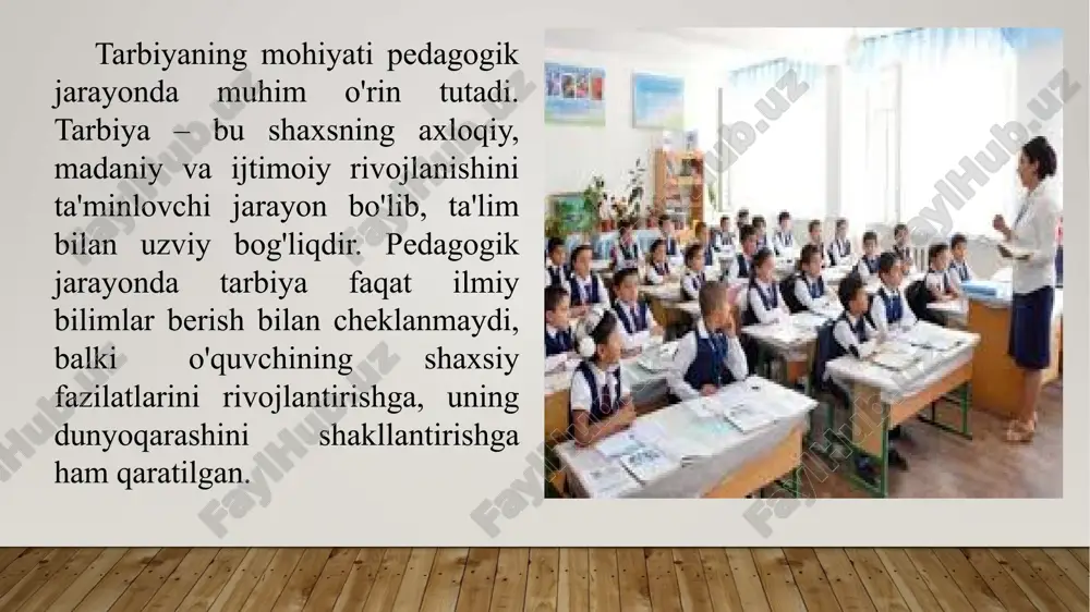 i muassasalarida ta’lim olayotgan 270 o‘quvchilarda ham shakllantirish mumkin. biroq har bir bosqichda mazkur sifatni shakllantirish borasida turli metodlar qo‘llaniladi. 4. jamoaning shakllanganlik darajasi. o‘zini o‘zi boshqarishning jamoa shaklining rivojlanishi bilan bog‘liqlikda pedagogik ta’sir ko‘rsatish metodlari ham o‘zgarmasdan qolmaydi. bizga ma’lumki boshqaruvning moslashuvchanligi tarbiyachining tarbiyalanuvchilar bilan muvafaqqiyatli hamkorligining zaruriy sharti. 5. tarbiyalanuvchilarning individual o‘ziga xosliklari.umumiy metodlar, umumiy dasturlarning o‘zi tarbiyaviy o‘zaro ta’sir etishning asosi bo‘la olmaydi. ularni indivudual va shaxsiy tuzatish zarur. insonparvar pedagog har bir shaxs o‘ziga xosliginirivojlanishiga, o‘ziga xosligini saqlashga, o‘zining «men»ini amalga oshirishiga imkon beradigan metodlarni qo‘llashga harakat qiladi. 6. tarbiyaviy shart-sharoitlar. unga moddiy, psixofiziologik, sanitar-gigienikdan tashqari sinfda yuzaga keladigan munosabatlar:jamoadagi iqlim, pedagogik rahbarlik usuli va boshqalar tegishlidir.ma’lumki, mavhum shart-sharoitlar bo‘lmaydi, ular hamisha aniq. ularni birlashuvi aniq holatlarda ko‘rinadi. tarbiya amalaga oshadigan sharoit pedagogik vaziyatlar nomini oldi. 7. tarbiya vositalari. tarbiya metodlari tarbiya jarayonining tarkibiy qismlari sifatida yuzaga chiqadigan tarbiya vositalaridan tashkil topadi. metodlar ular bilan mustahkam …