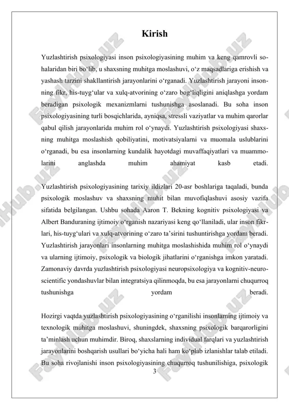 itiv psixologiyasi va albert bandura ning ijtimoiy o‘rganish nazariyasi keng tarqalgan. kognitiv psixologiya shaxsning fikrlash jarayonlarini, ularning muhitga moslashishdagi rolini o‘rganadi. beckning nazariyasiga ko‘ra, shaxsning dunyoqarashi va fikrlash tarzlari uning yuzlashtirish jarayonlariga ta’sir qiladi, shuningdek, muammolarni hal qilishda uning fikrlash usullari muhim ahamiyat kasb etadi. bandura esa ijtimoiy o‘rganish nazariyasi orqali, shaxsning muhitdagi ijtimoiy ta’sirlar va modellashuv orqali yuzlashtirish jarayonlarini tushuntiradi. unga ko‘ra, insonlar o‘z atrof-muhitdagi ijtimoiy moddellarni kuzatib, ularni takrorlash orqali o‘z xulq-atvorlarini shakllantiradilar. yuzlashtirish psixologiyasida fikrlash, motivatsiya va muhitga moslashuvning o‘zaro aloqasi katta ahamiyatga ega. fikrlash jarayonlari insonning muhitga qanday moslashishini belgilaydi, motivatsiya esa bu jarayonlarni yo’naltiradi. masalan, inson stress va muammolar bilan yuzlashayotganda, uning fikrlash usullari va motivatsiyasi muhim rol o‘ynaydi. bu jarayonlarni tushunish yordamida psixoterapiya va ta’lim sohalarida samarali metodlar ishlab chiqilmoqda. yuzlashtirish psixologiyasining yana bir muhim yo‘nalishi neuropsixologiya va kognitiv-neuroscientific yondashuvlar bilan integratsiya qilinmoqda, bu esa insonning muhitga moslashish jarayonlarini yanada chuqurroq tushunishga imkon bermoqda. …