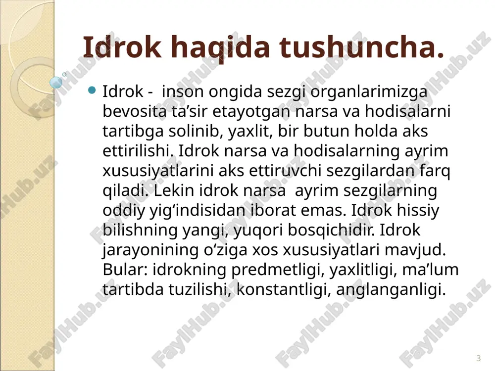 ptiv (idrok qilish) tizimimiz bo‘layotgan o‘zgarishlarni to‘g‘rilash, tiklash qobiliyatiga ega. * har bir idrok tarkibiga kishining o'tmishda hosil qilingan bilim va tajribalari kiradi. biz bunday shakl buyumlarni ilgari juda ko'p marta ko'rganmiz. ular haqida muayyan bilimlarimiz bor. shuning uchun bu shakllardagi yetishmagan joylarni o'sha bo'limlardan olib qo'shamiz va bir butun aks ettiramiz. demak, idrok jarayoniga xotira faoliyati qo'shiladi. * idrok tarkibiga xayol tasavvurlari kiradi. masalan: derazadagi qirovni idrok qilib, tropik o'rmon yoki gullarga o'xshatish, kesib olingan daraxt to'nkasini idrok qilib biror yovvoyi hayvonga o'xshatish, osmondagi para-para suzib oq bulutlarni idrok qilib, to’plab kuyilgan paxtaga o'xshatish va boshqalar. * idrokning anglanganligi. ma’lumki idrok qo‘zg‘atuvchining retseptorlarga bevosita ta’siri natijasida yuzaga kelsa ham, biroq pertseptiv obrazlar hamma vaqt ma’lum ma’noga ega bo‘ladi. odamning idroki tafakkur bilan, narsaning mohiyatini tushunish bilan mustahkam bog‘liqdir. narsani ongli idrok qilish – uni fikran atash degan ma’noni anglatadi. biz idrok kilayotgan narsalarimiz haqidagi ma’lumotlarni o‘zimizga tanish bo‘lgan narsalarga …