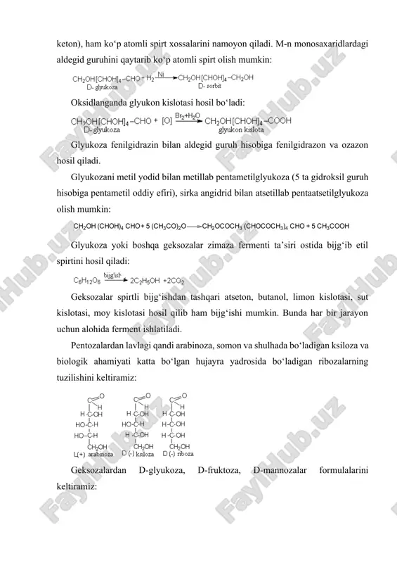 ning uchun kraxmal gidrolizlansa -d glyukoza hosil bo‘ladi. sellyuloza esa yog‘ochning tarkibiy qismi bo‘lib,.u -d-glyukoza qoldiqlaridan tashkil topgan yuqori molekulyar birikmadir. demak, uning elementar zvenosida -d-glyukoza qoldig‘i mavjud: sellyulozaning molekulyar massasi 20000000 dan yuqori, uning makromolekulasi chiziqli tuzilishga ega. kraxmalning molekulyar massasi sellyulozanikidan kichikroq va tuzilishi tarmoqlangan bo‘ladi. kraxmal unda 74%, guruchda 78%, kartoshkada 16% bo‘ladi. kraxmaldan ham, sellyulozadan ham gidroliz qilib glyukoza, glyukozadan esa bijg‘itish bilan etanol olinadi: c6h12o6 2c2h5oh+2co2 inulin deb ataluvchi polisaxaridning elementar zvenosida d-fruktoza qoldig‘i mavjud. u topinambur o‘simligi ildizida ko‘p bo‘ladi. sellyulozadan gidroksil guruhiga kimyoviy reaksiyalar olib borib karboksimetiltsellyuloza, atsetiltsellyuloza, nitrotsellyuloza kabi muhim moddalar olinadi. m-n: adabiyot: 1.o.ya neyland organicheskaya ximiya. m.: «viysshaya shkola». 1990. s.504-522. 2.a.n. nesmeyanov, n.a. nesmeyanov nachala organicheskoy ximii. m.: kniga -1. 1969. s. 439-484. image6.png image7.png image8.png image9.wmf image10.png image11.png image12.png image13.wmf image14.wmf image15.png image1.png image2.png image3.png image4.png image5.png s n 2 o n ( c h o h ) …