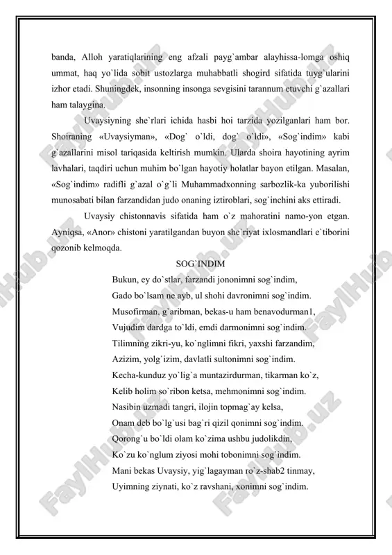 zlarga muhabbatli shogird sifatida tuyg`ularini izhor etadi. shuningdek, insonning insonga sevgisini tarannum etuvchi g`azallari ham talaygina. uvaysiyning she`rlari ichida hasbi hoi tarzida yozilganlari ham bor. shoiraning «uvaysiyman», «dog` o`ldi, dog` o`ldi», «sog`indim» kabi g`azallarini misol tariqasida keltirish mumkin. ularda shoira hayotining ayrim lavhalari, taqdiri uchun muhim bo`lgan hayotiy holatlar bayon etilgan. masalan, «sog`indim» radifli g`azal o`g`li muhammadxonning sarbozlik-ka yuborilishi munosabati bilan farzandidan judo onaning iztiroblari, sog`inchini aks ettiradi. uvaysiy chistonnavis sifatida ham o`z mahoratini namo-yon etgan. ayniqsa, «anor» chistoni yaratilgandan buyon she`riyat ixlosmandlari e`tiborini qozonib kelmoqda. sog`indim bukun, ey do`stlar, farzandi jononimni sog`indim, gado bo`lsam ne ayb, ul shohi davronimni sog`indim. musofirman, g`aribman, bekas-u ham benavodurman1, vujudim dardga to`ldi, emdi darmonimni sog`indim. tilimning zikri-yu, ko`nglimni fikri, yaxshi farzandim, azizim, yolg`izim, davlatli sultonimni sog`indim. kecha-kunduz yo`lig`a muntazirdurman, tikarman ko`z, kelib holim so`ribon ketsa, mehmonimni sog`indim. nasibin uzmadi tangri, ilojin topmag`ay kelsa, onam deb bo`lg`usi bag`ri qizil qonimni sog`indim. qorong`u bo`ldi olam …